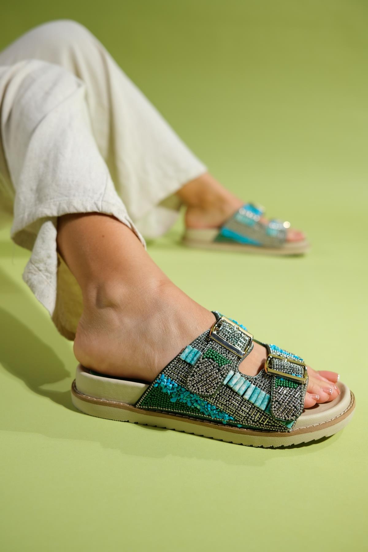 Lanso - Green Jeweled Double Strap Slide (Women)