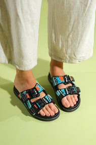 Lanso - Black Jeweled Double Strap Slide (Women)