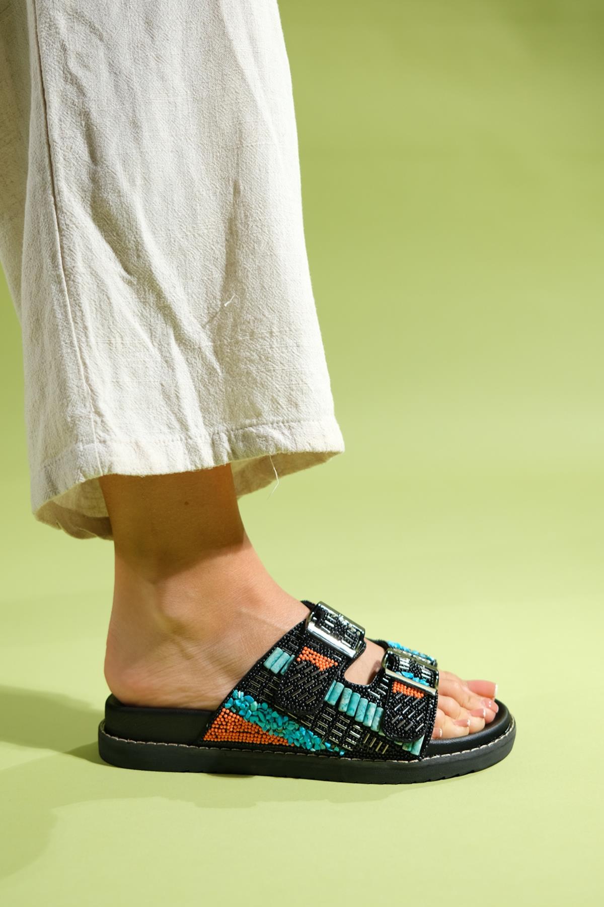 Lanso - Black Jeweled Double Strap Slide (Women)