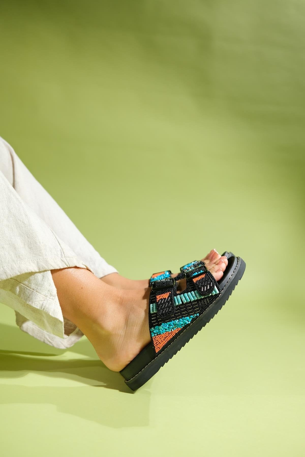 Lanso - Black Jeweled Double Strap Slide (Women)
