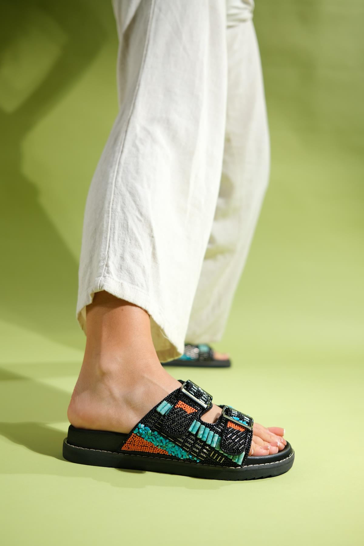 Lanso - Black Jeweled Double Strap Slide (Women)