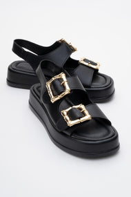 Slope Black Double Strap Flat Sandal (Women)