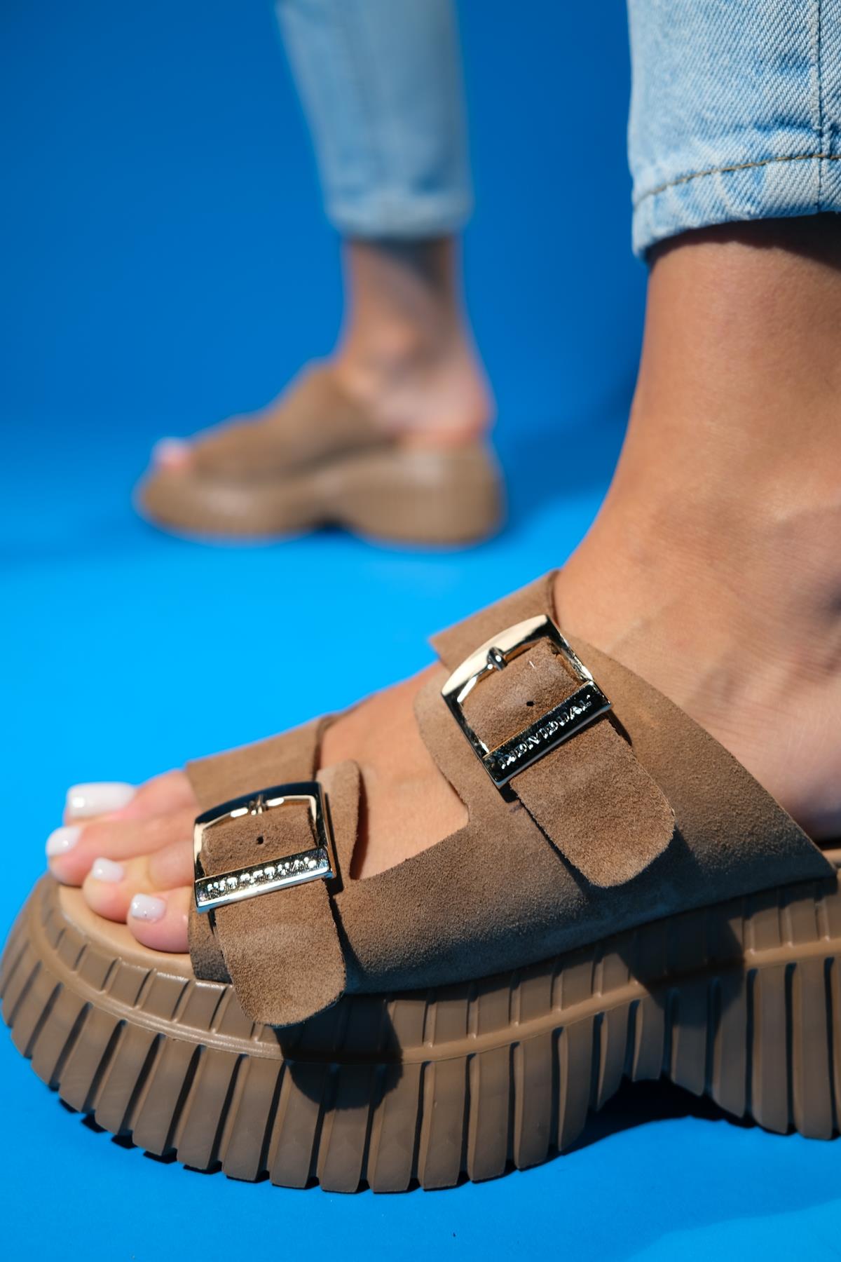 Joanes - Taupe Genuine Leather Double-Strap Platform Slide (Women)
