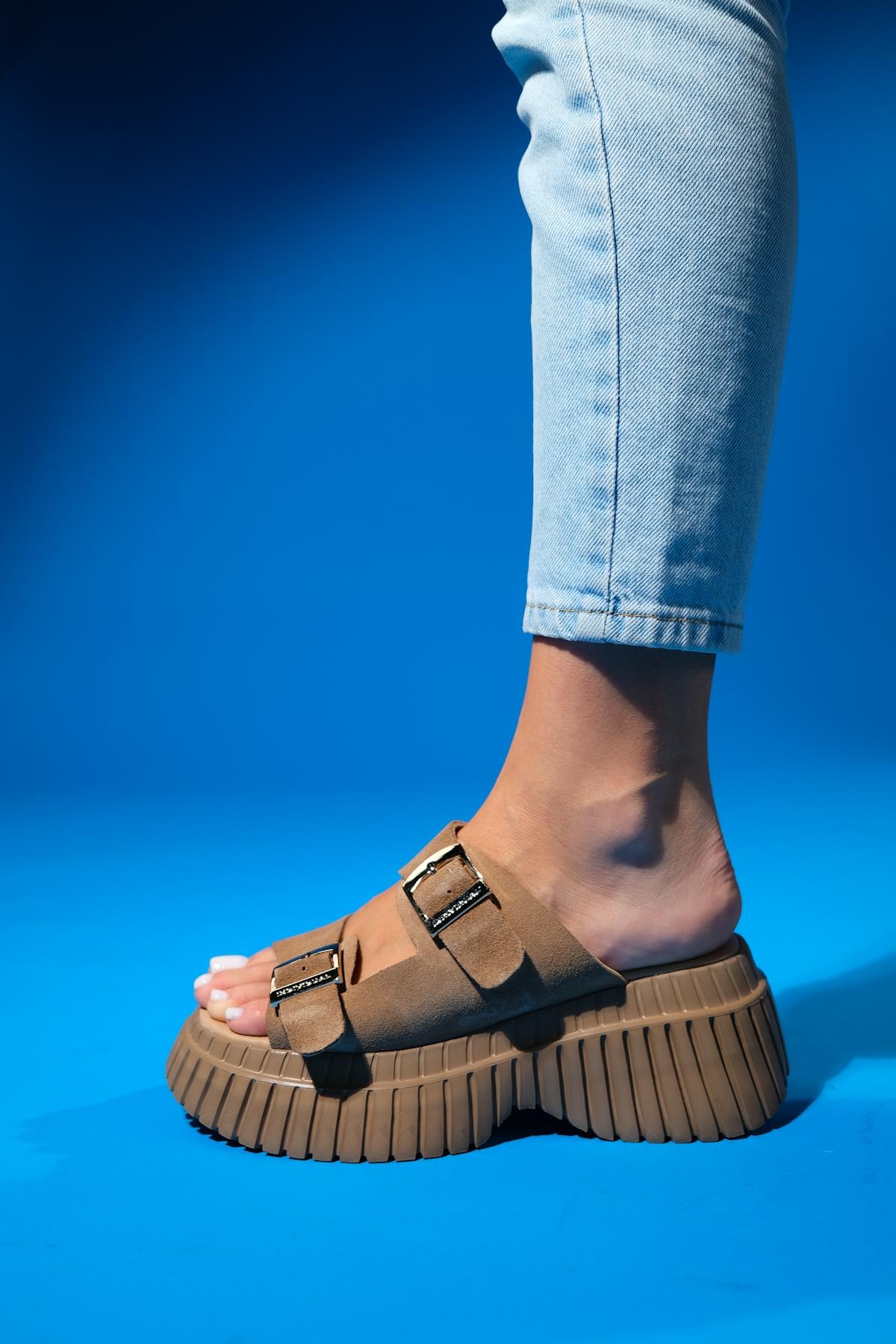 Joanes - Taupe Genuine Leather Double-Strap Platform Slide (Women)