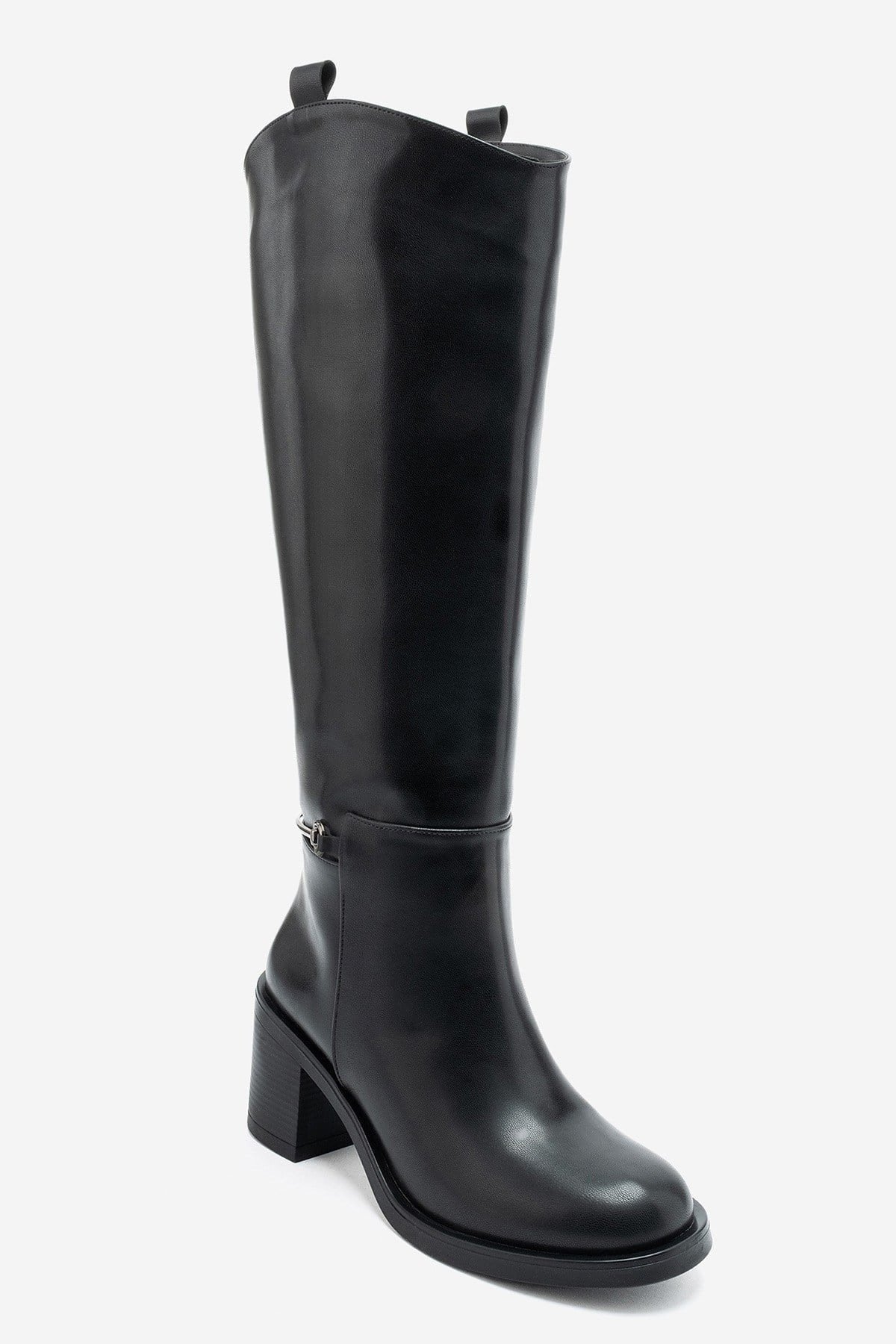 GENOA - Black Buckled Block Heel Riding Boot (Women)