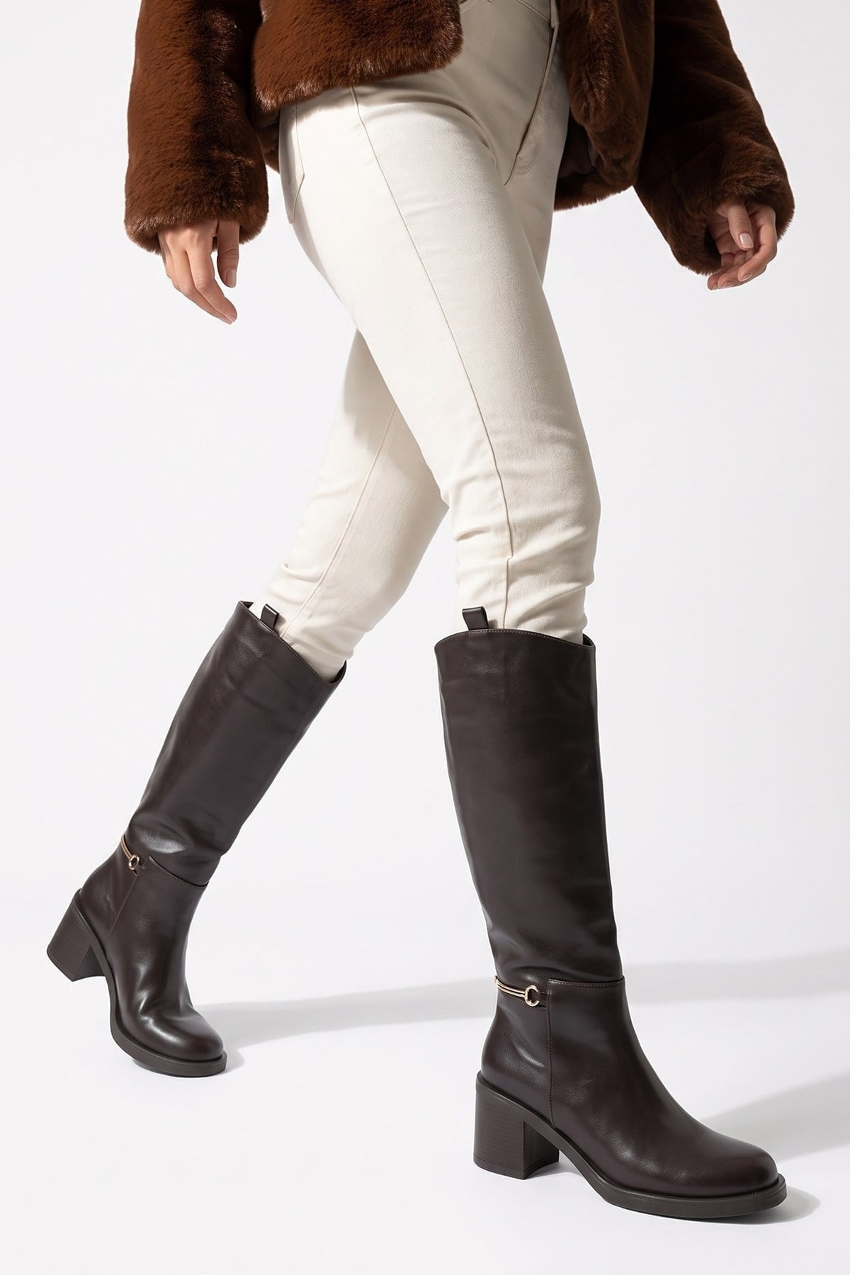 GENOA - Brown Buckled Block Heel Riding Boot (Women)