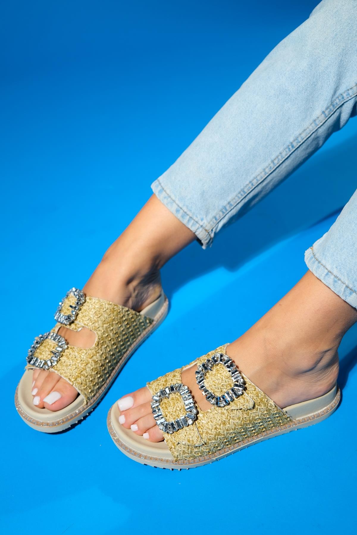Dungeon - Beige Raffia Double-Band Stone Buckle Slide Sandal (Women)