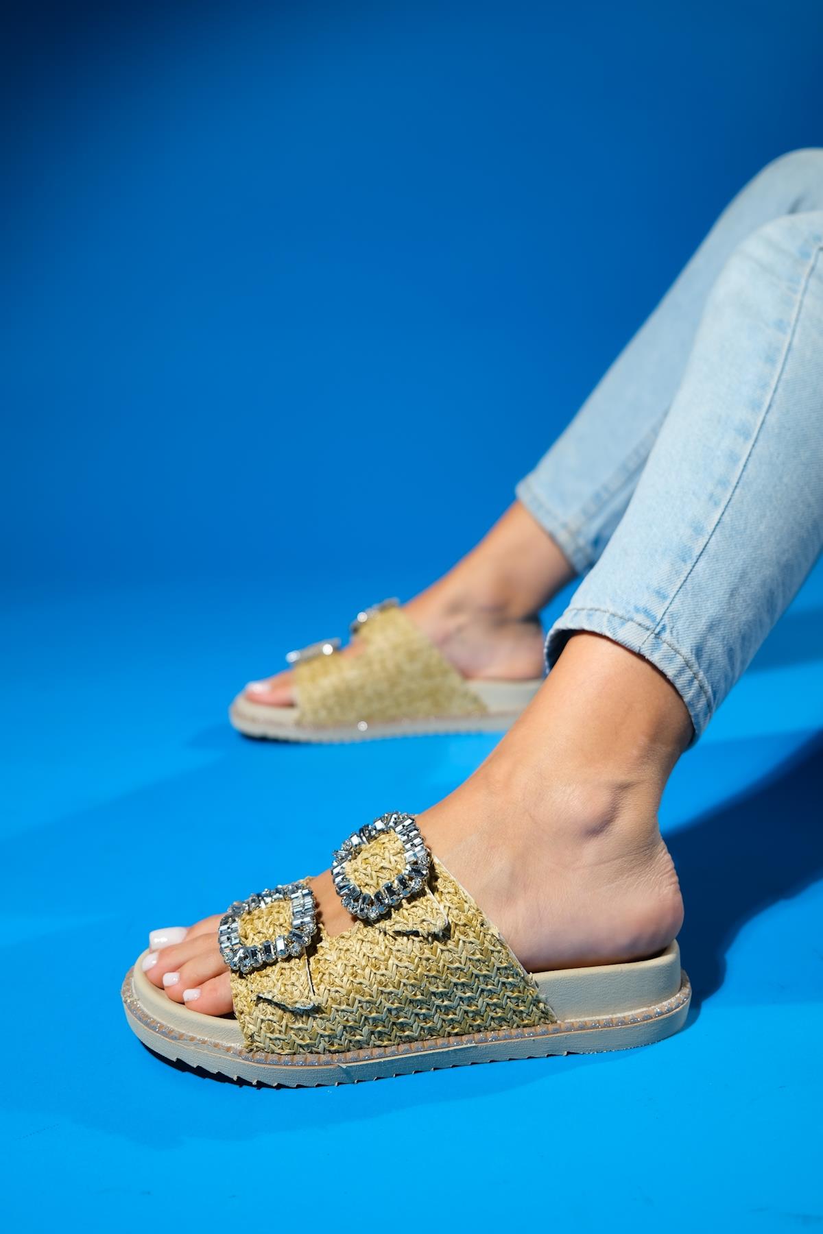 Dungeon - Beige Raffia Double-Band Stone Buckle Slide Sandal (Women)