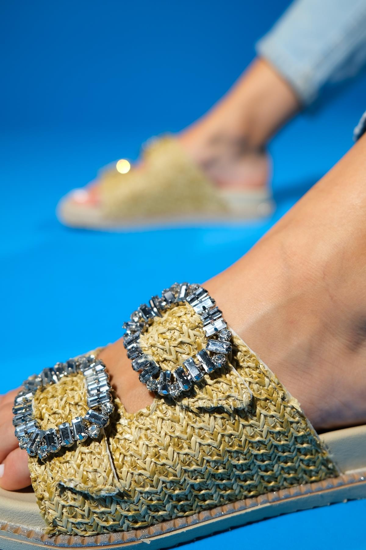 Dungeon - Beige Raffia Double-Band Stone Buckle Slide Sandal (Women)