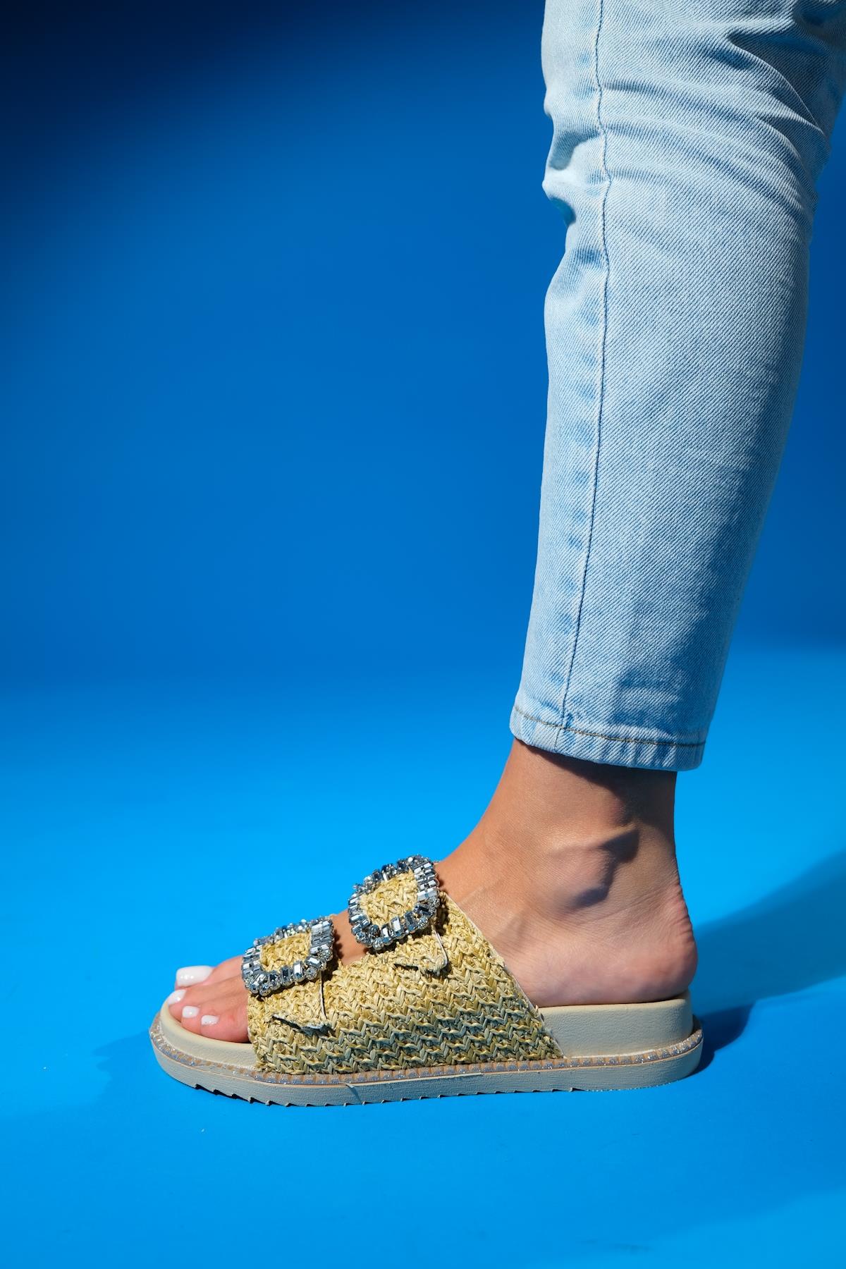 Dungeon - Beige Raffia Double-Band Stone Buckle Slide Sandal (Women)