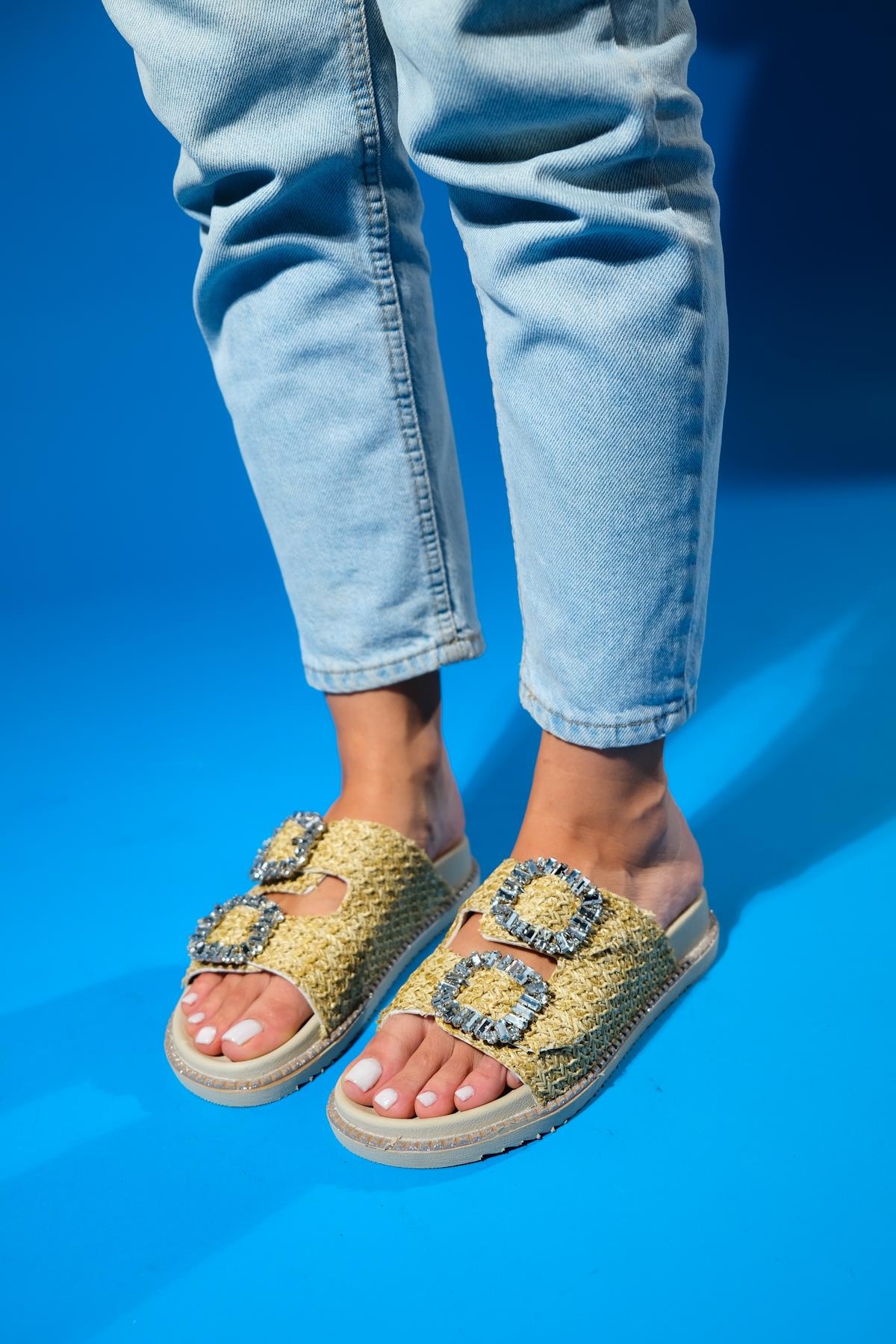 Dungeon - Beige Raffia Double-Band Stone Buckle Slide Sandal (Women)
