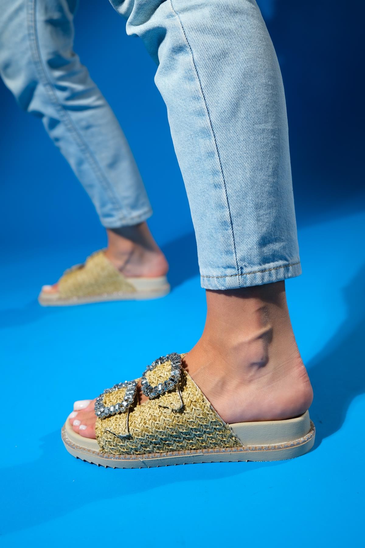 Dungeon - Beige Raffia Double-Band Stone Buckle Slide Sandal (Women)
