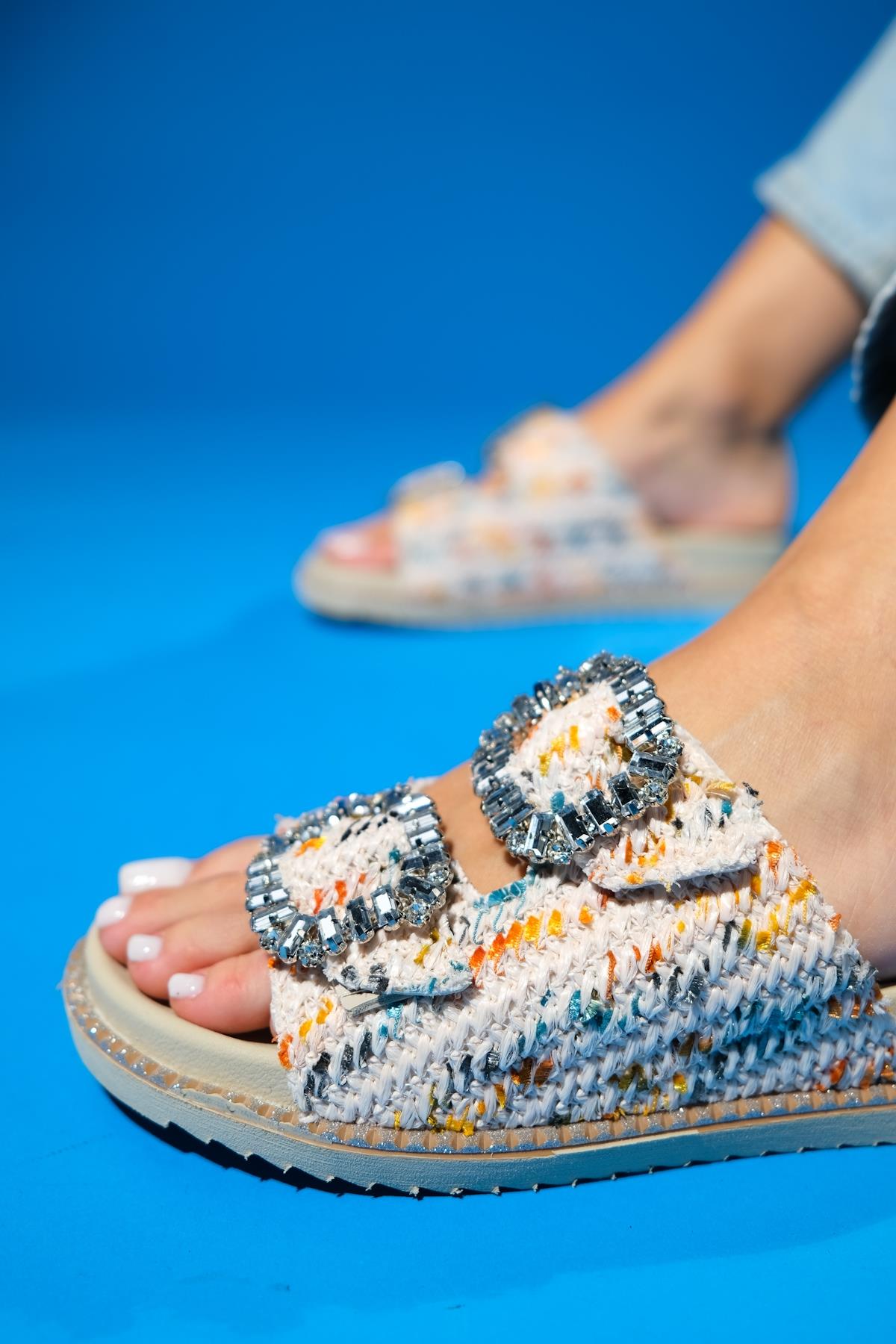 Dungeon - Off-White Tweed Double-Band Stone Buckle Slide Sandal (Women)