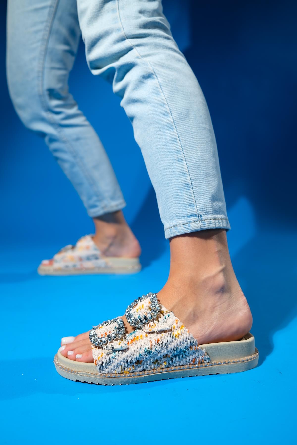 Dungeon - Off-White Tweed Double-Band Stone Buckle Slide Sandal (Women)