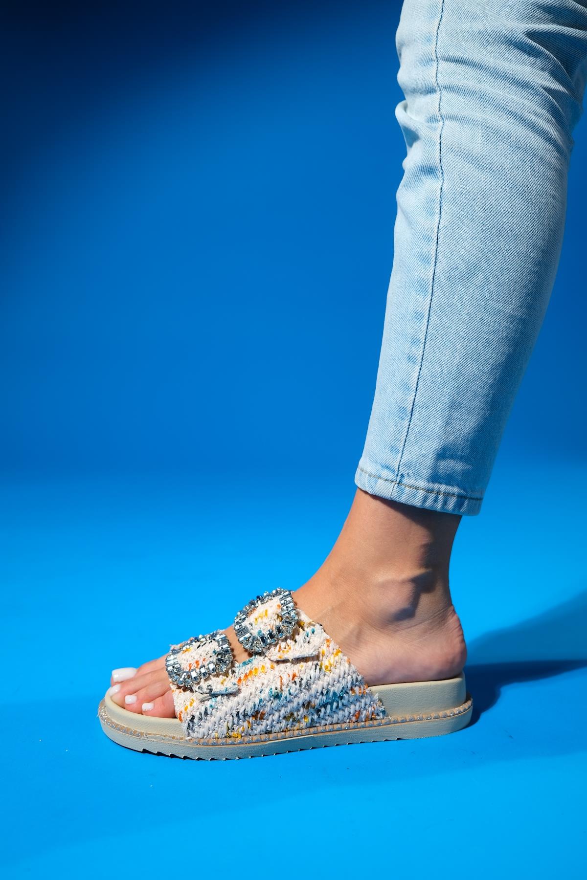 Dungeon - Off-White Tweed Double-Band Stone Buckle Slide Sandal (Women)