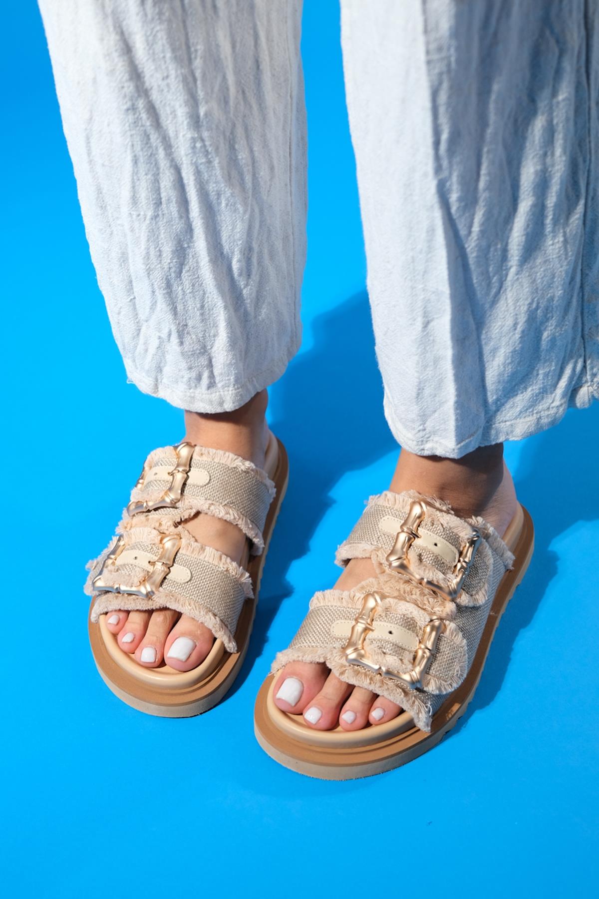 Harmony - Beige Gold Double Strap Slide (Women)