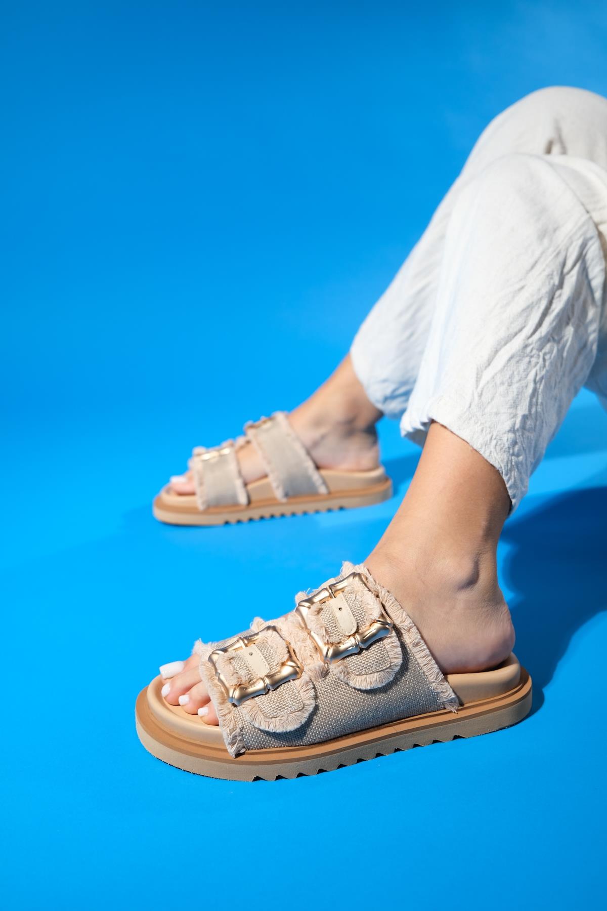 Harmony - Beige Gold Double Strap Slide (Women)