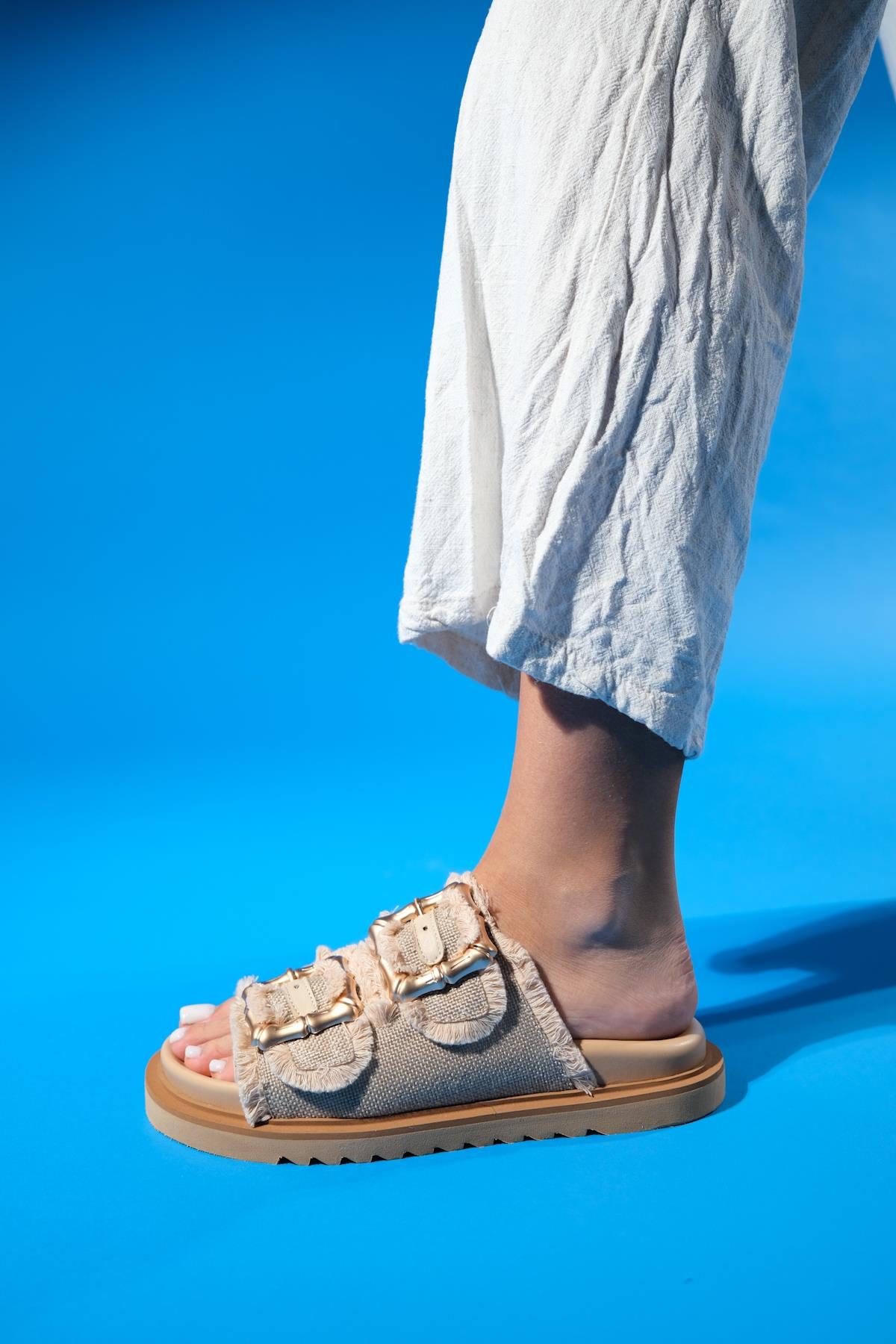 Harmony - Beige Gold Double Strap Slide (Women)