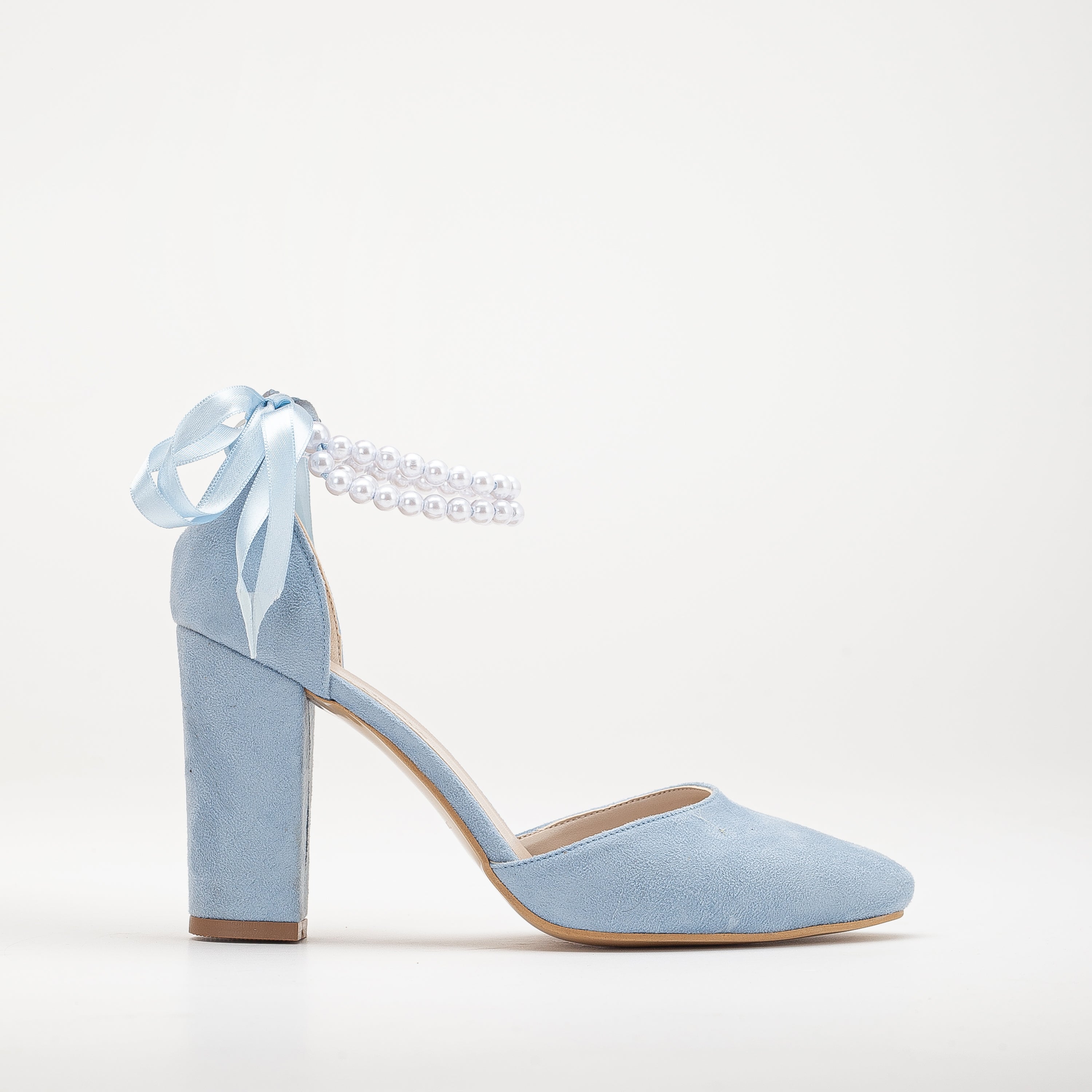 Denise Baby Blue Suede Wedding Heels with Pearls