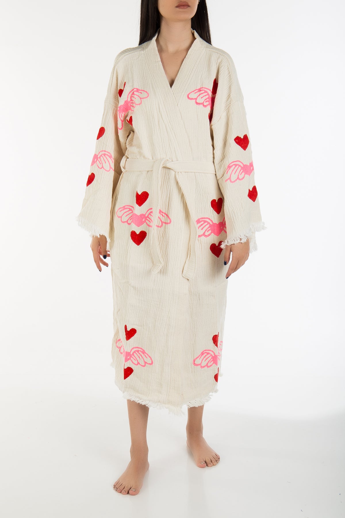 Aria - Natural Flying Red Hearts Handmade Kimono