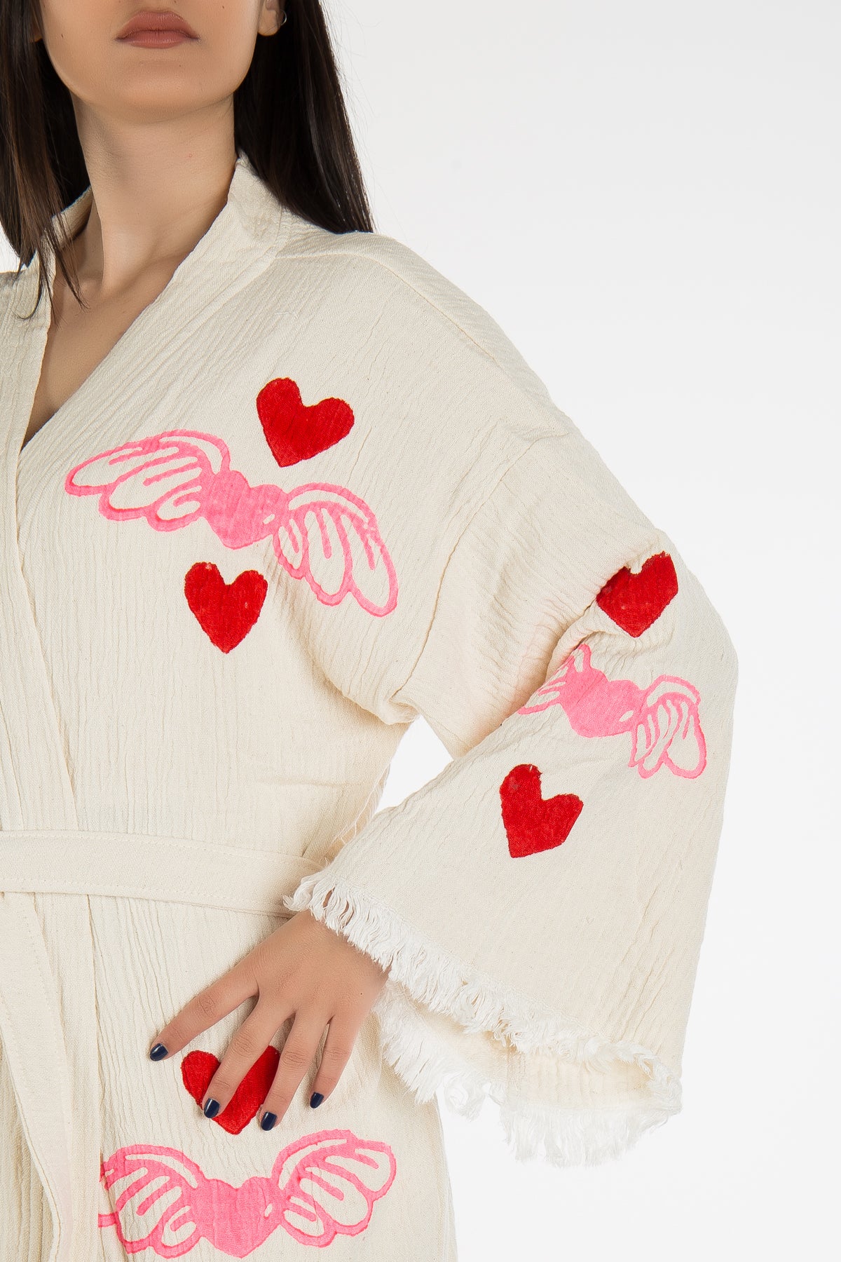 Aria - Natural Flying Red Hearts Handmade Kimono