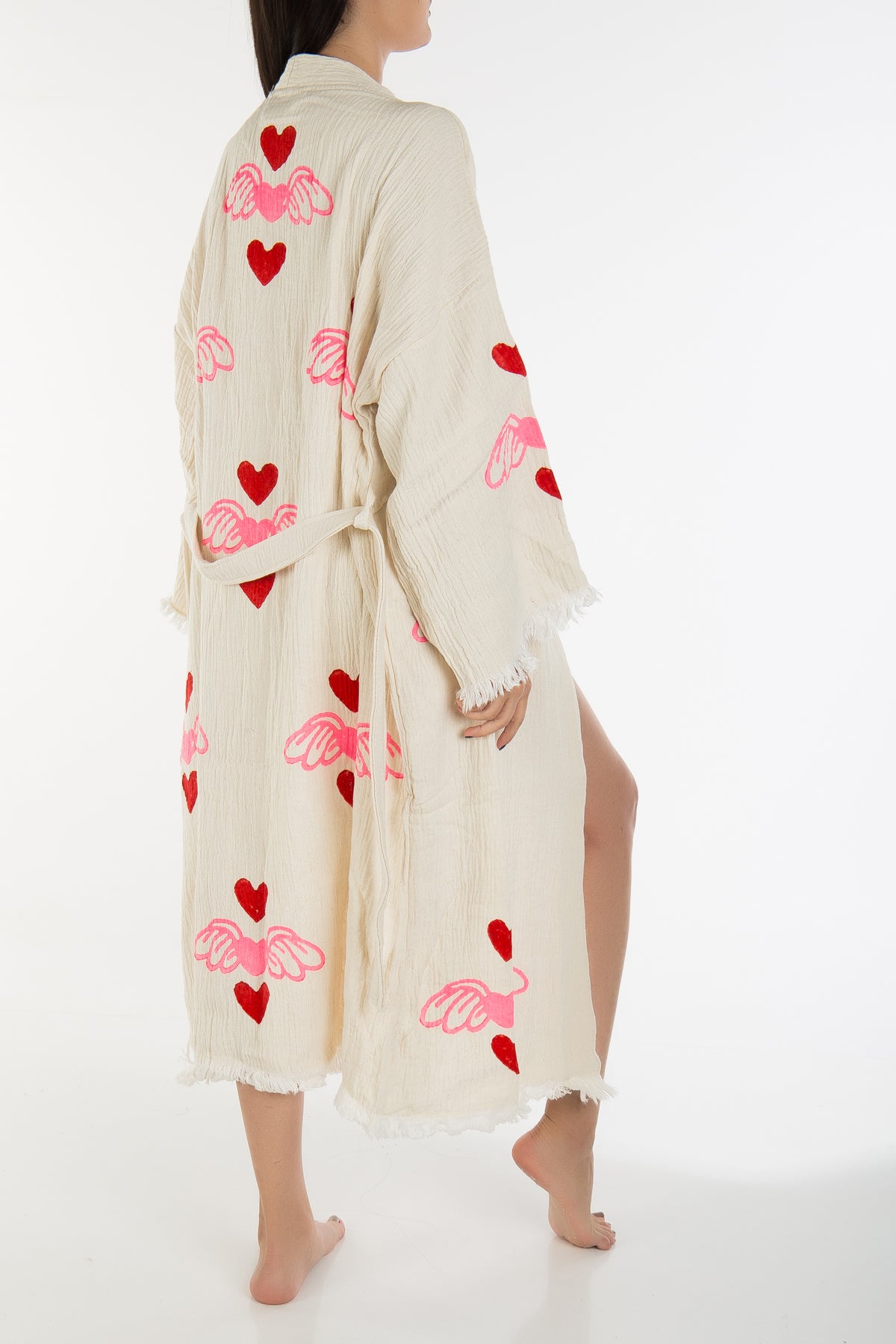 Aria - Natural Flying Red Hearts Handmade Kimono