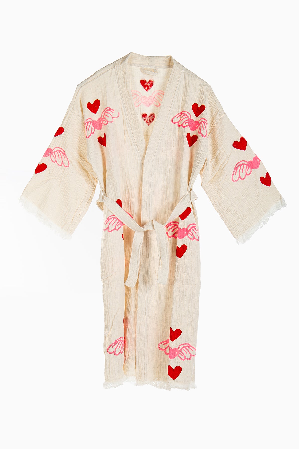 Aria - Natural Flying Red Hearts Handmade Kimono