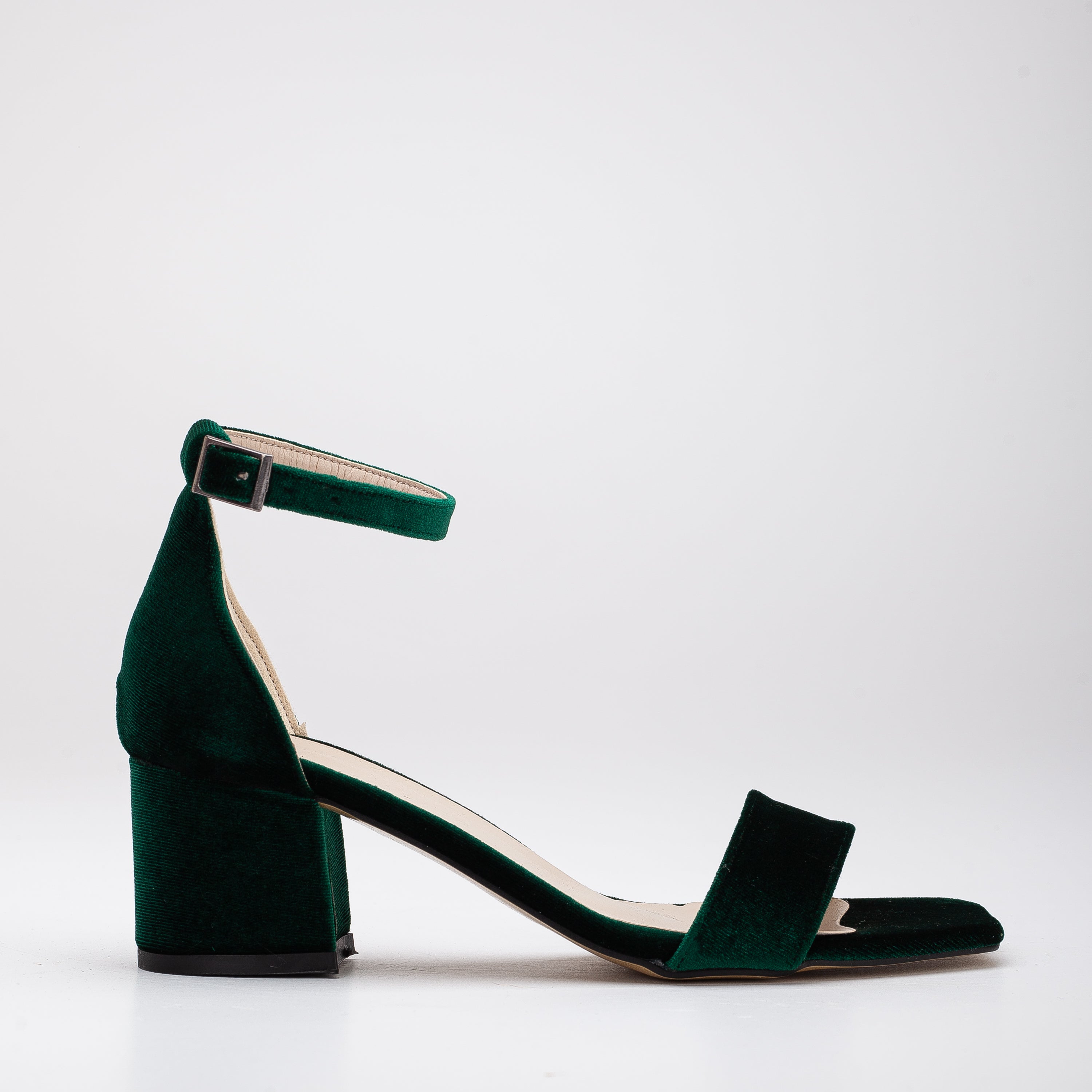 Hera - Green Velvet Low Heel Sandals with Ribbon