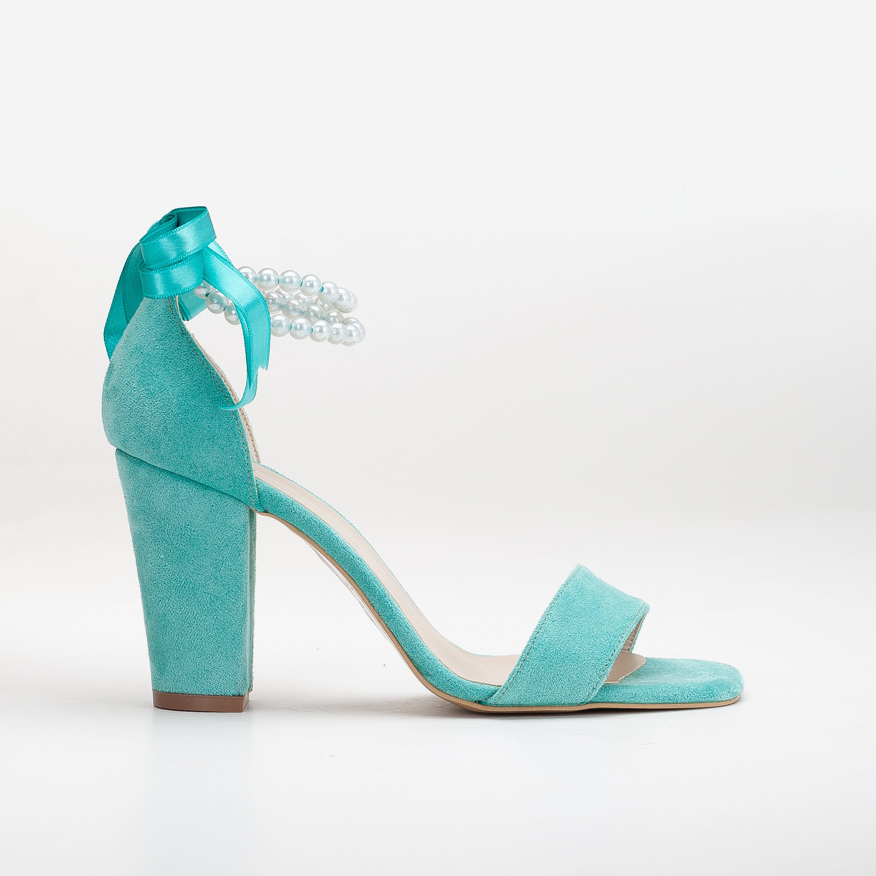 Melissa - Aqua Blue Suede Sandals with Pearls