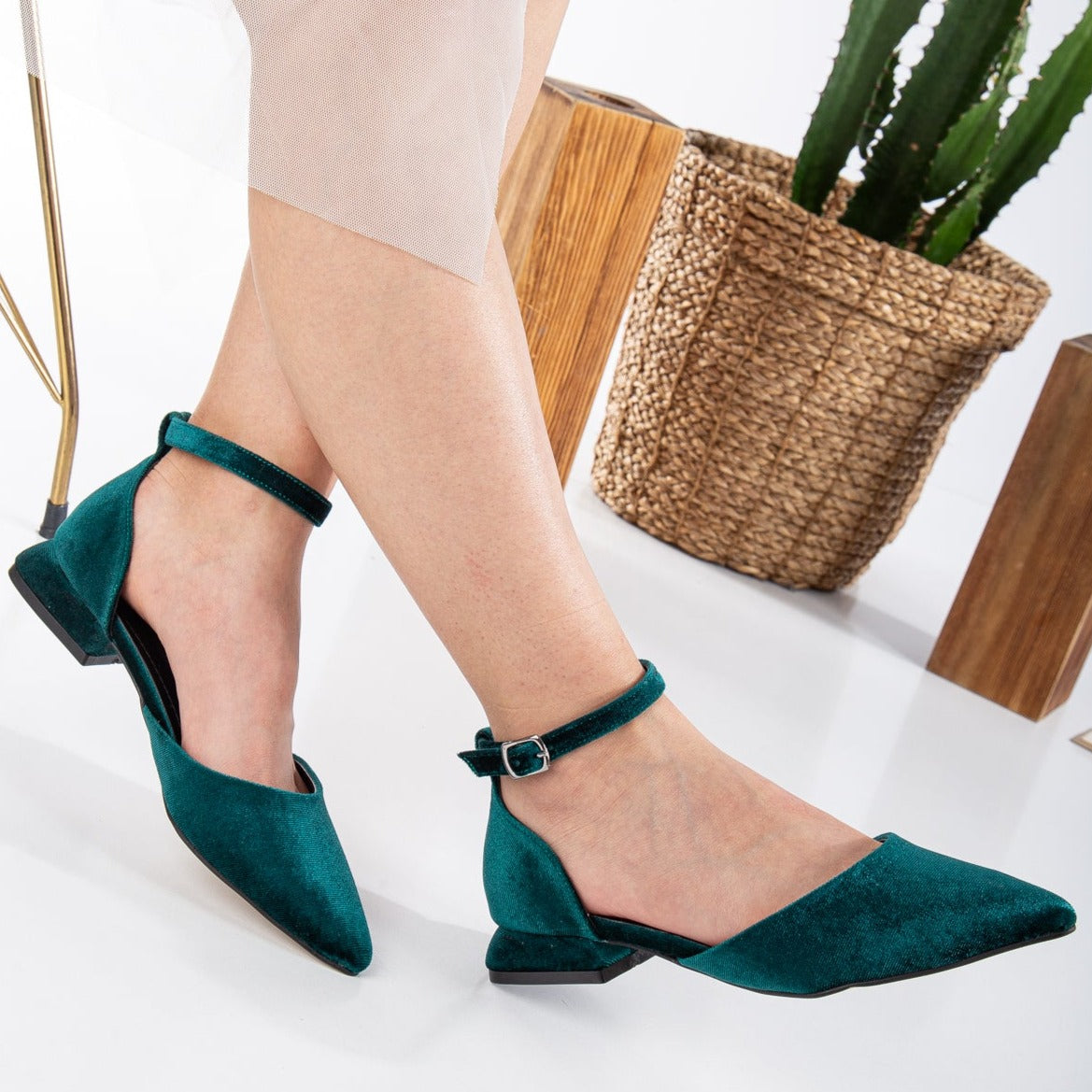 Madeline - Emerald Green Velvet Flats with Ribbon