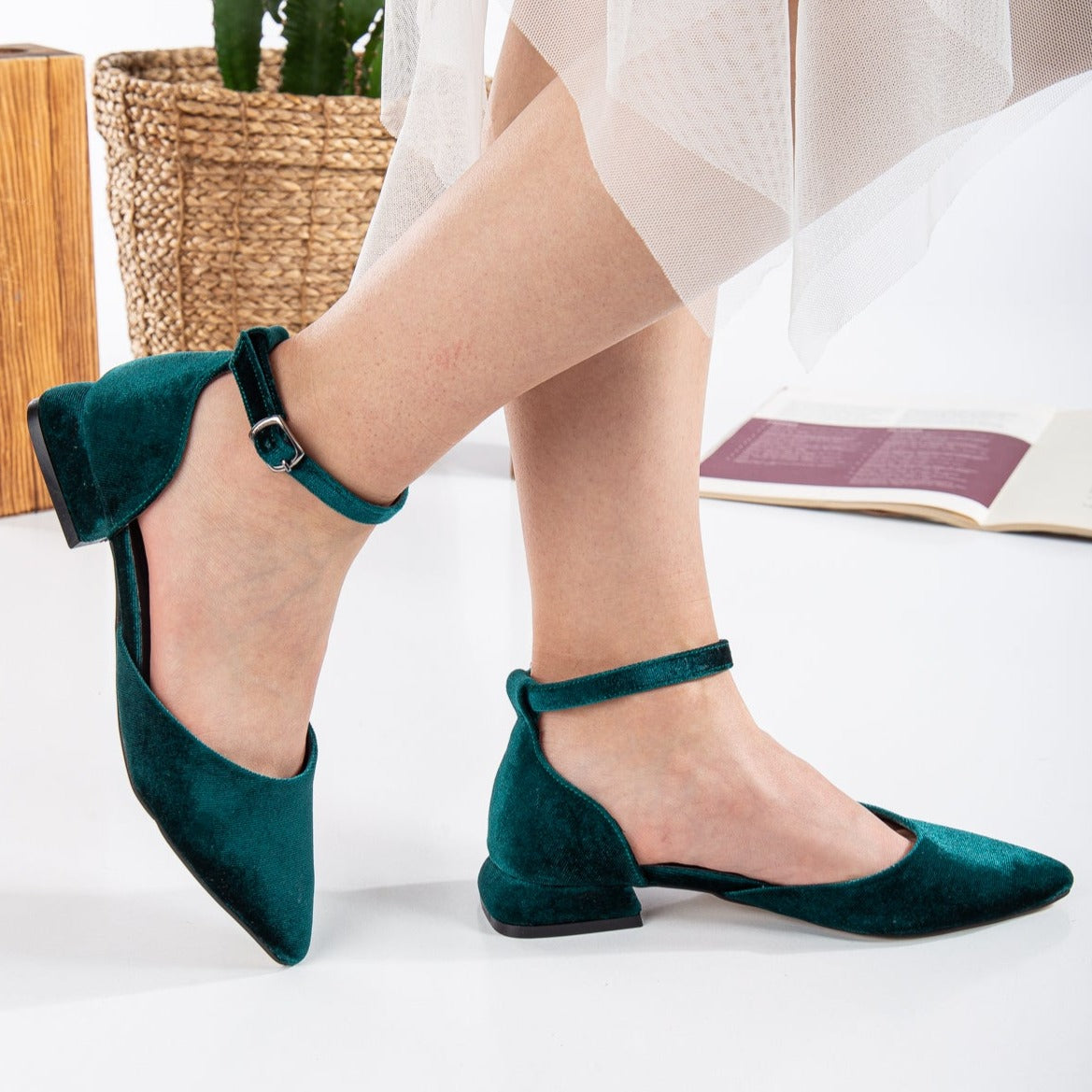 Madeline - Emerald Green Velvet Flats with Ribbon