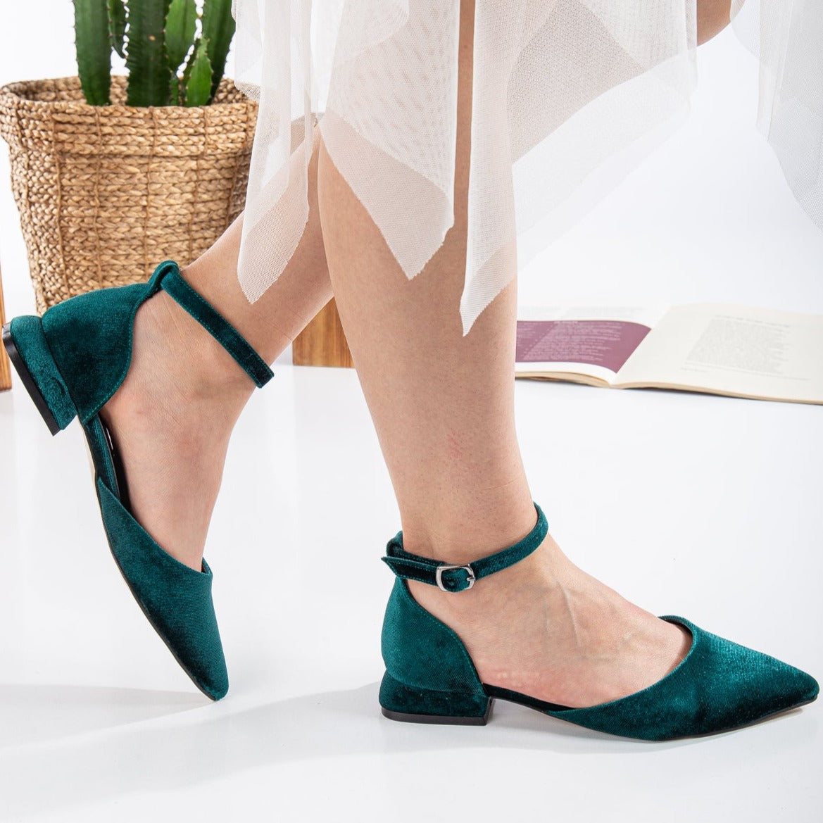 Madeline - Emerald Green Velvet Flats with Ribbon