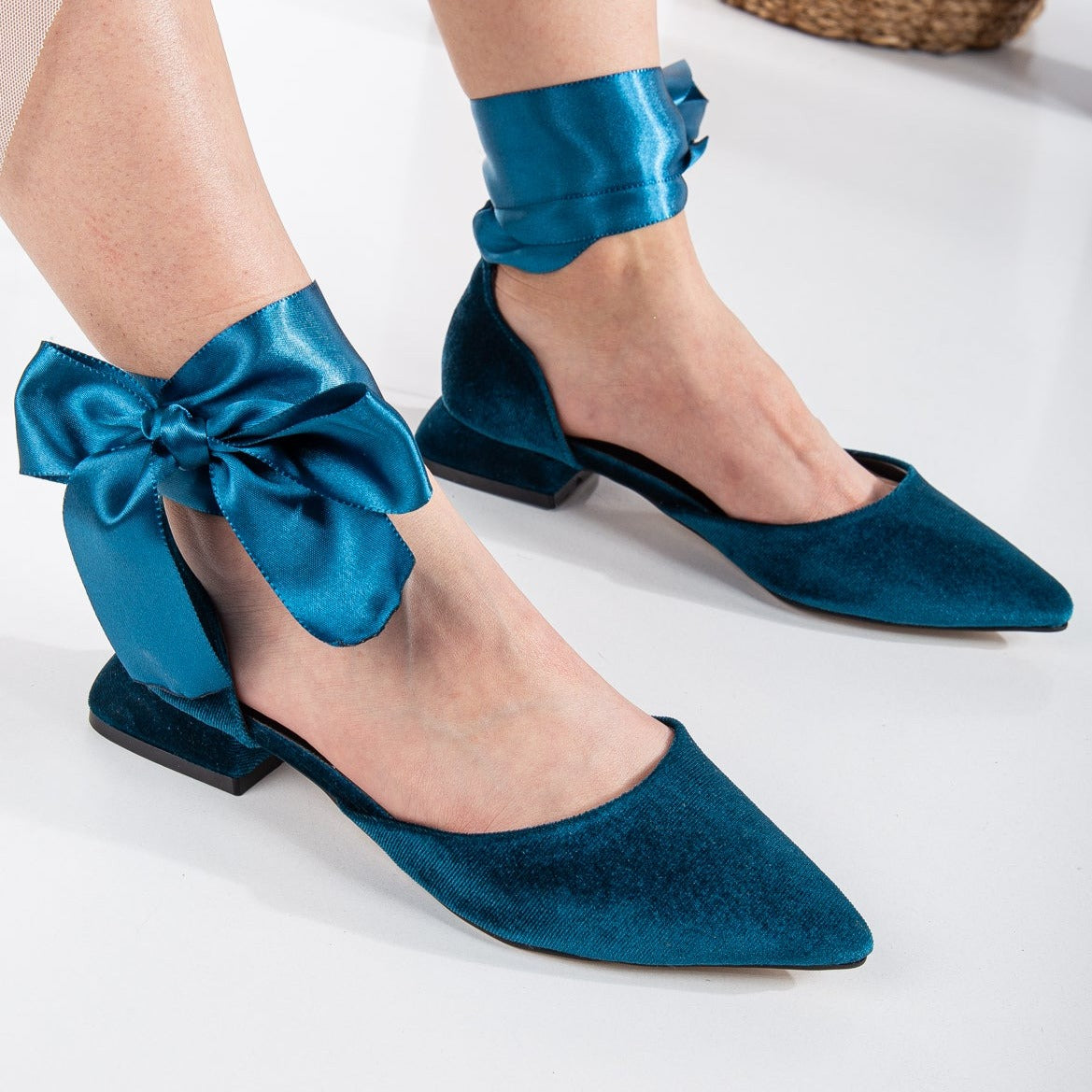 Madeline - Teal Blue Velvet Flats with Ribbon