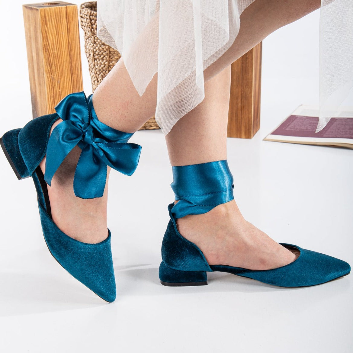 Madeline - Teal Blue Velvet Flats with Ribbon