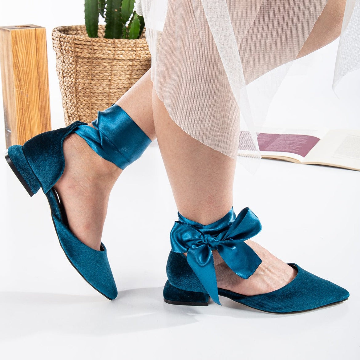 Madeline - Teal Blue Velvet Flats with Ribbon