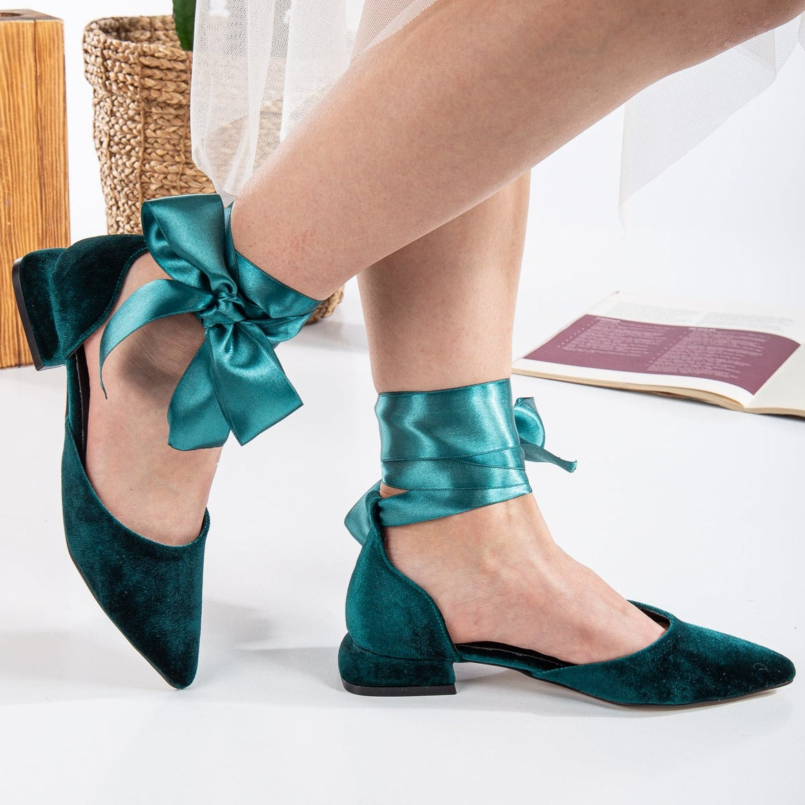 Madeline - Emerald Green Velvet Flats with Ribbon