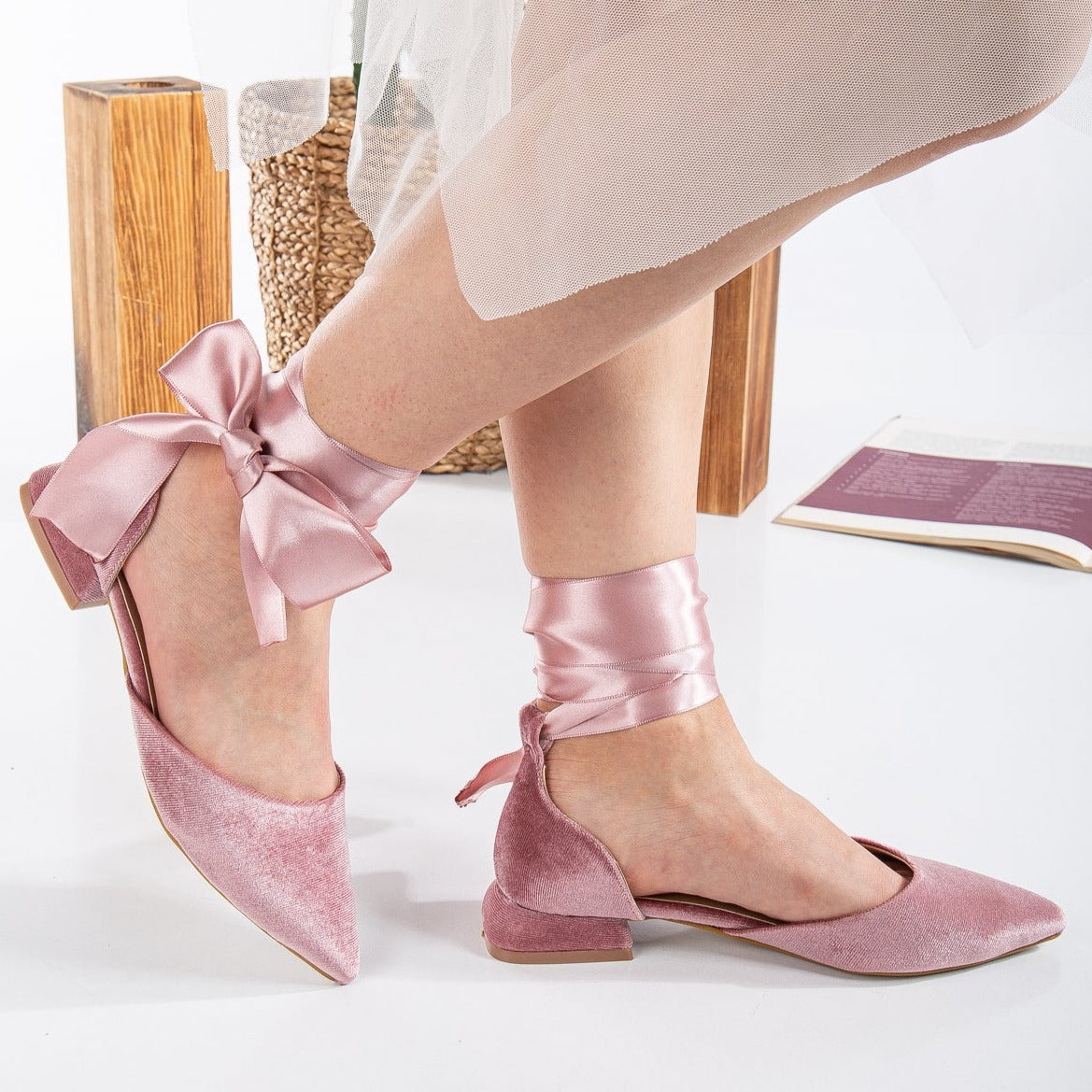 Madeline - Rose Velvet Flats with Ribbon