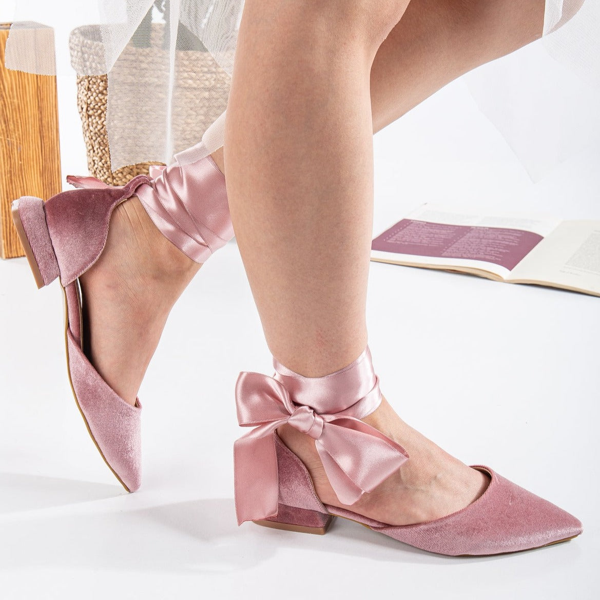 Madeline - Rose Velvet Flats with Ribbon