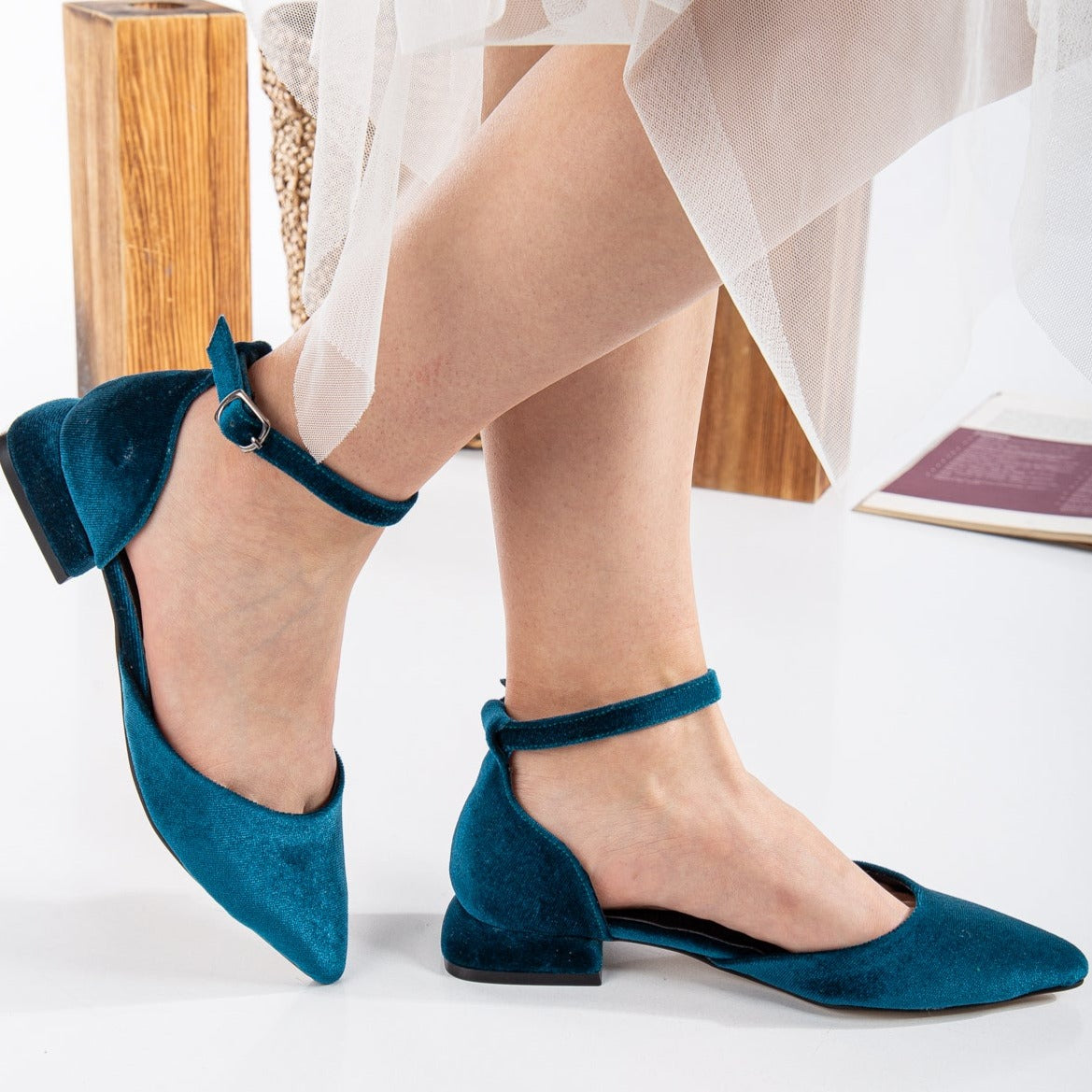 Madeline - Teal Blue Velvet Flats with Ribbon