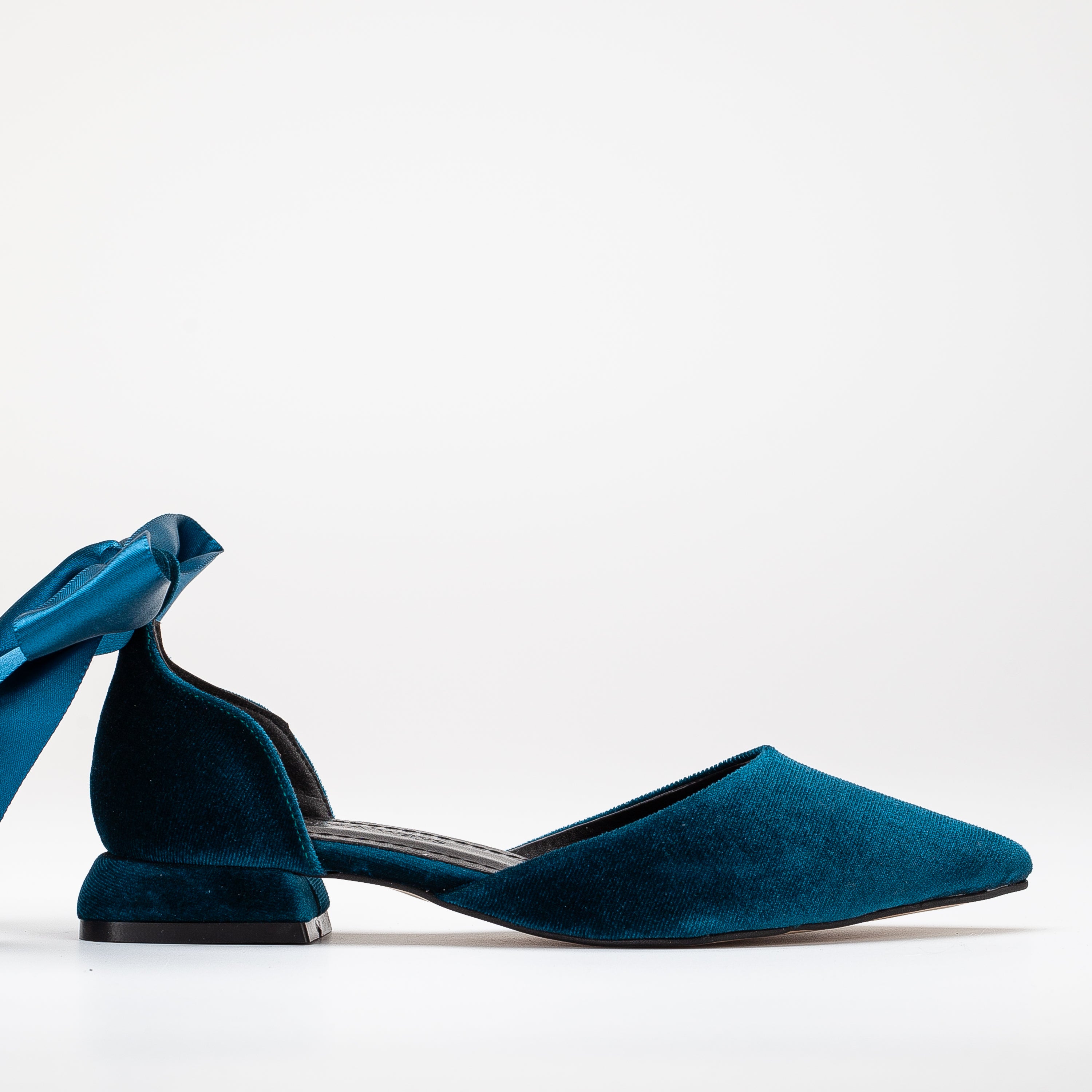 Madeline - Teal Blue Velvet Flats with Ribbon