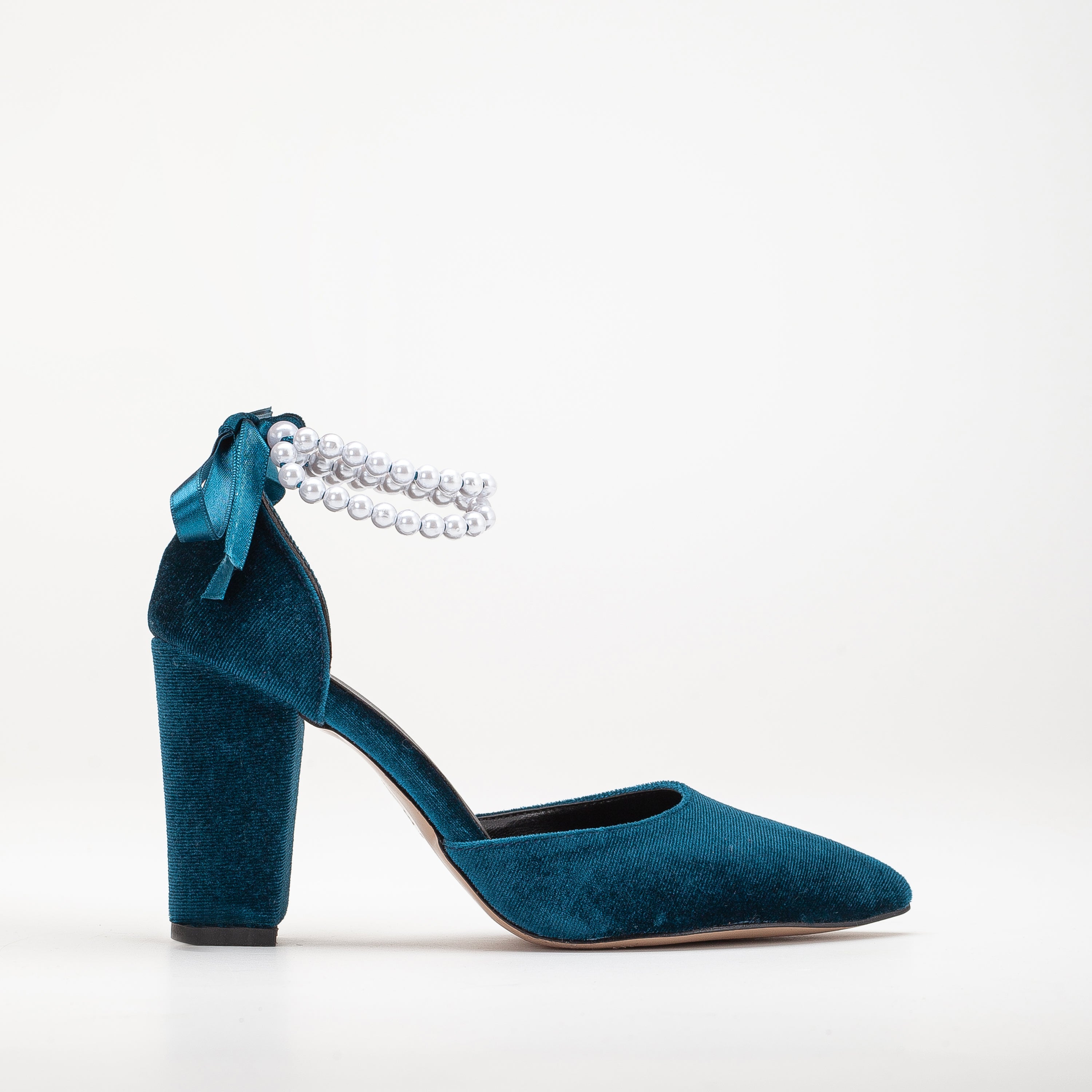 Hazel Teal Blue Velvet Wedding Heels with Pearls