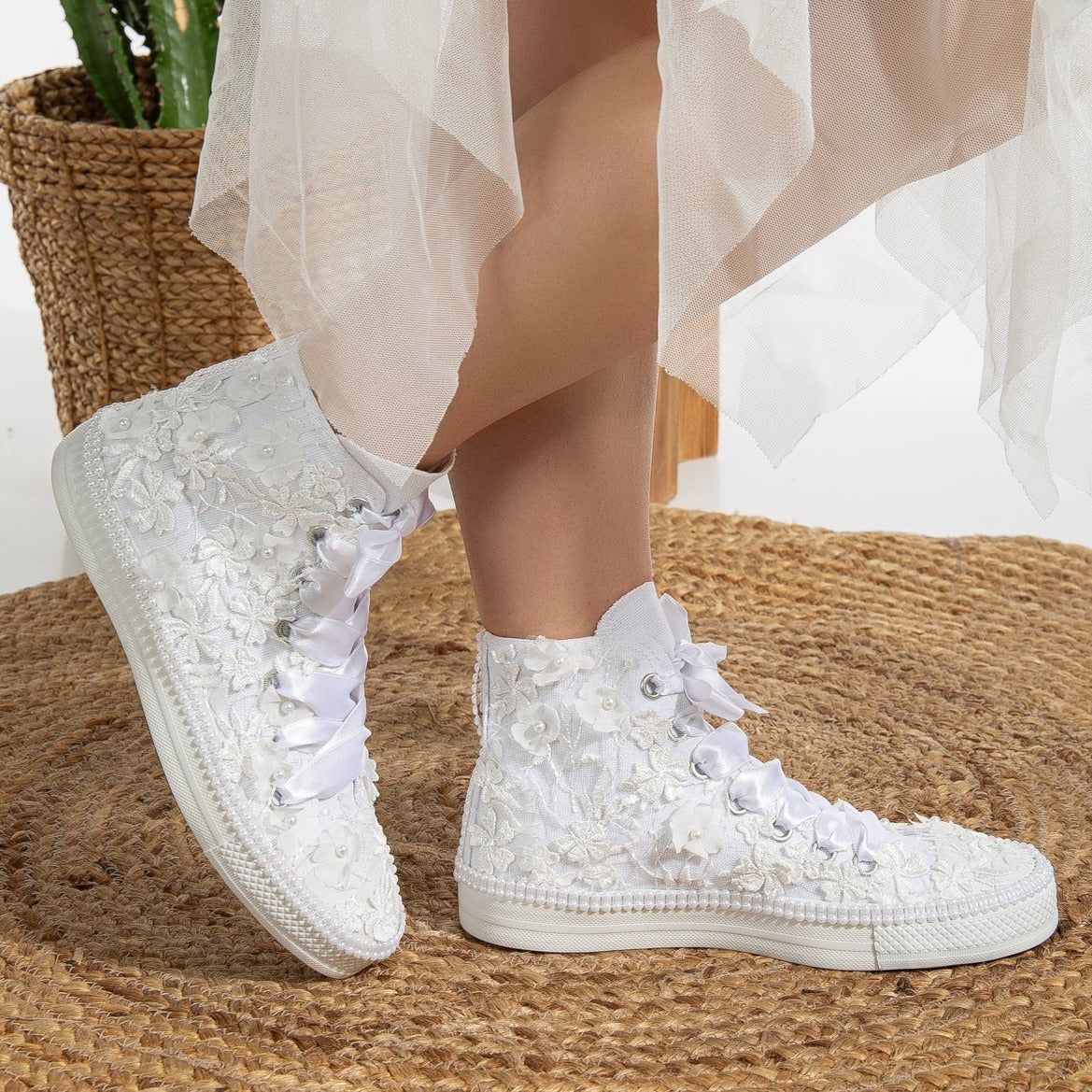 Claire White Lace Wedding Converse with Pearls