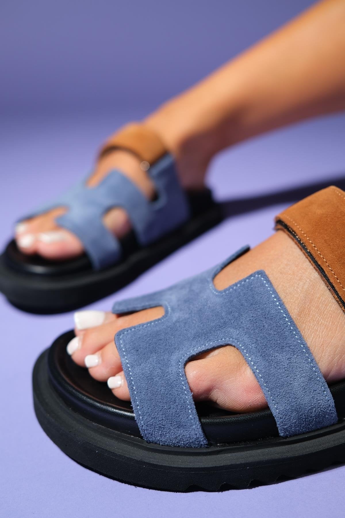 Morte - Blue Cognac Suede Leather Slide Sandal (Women)