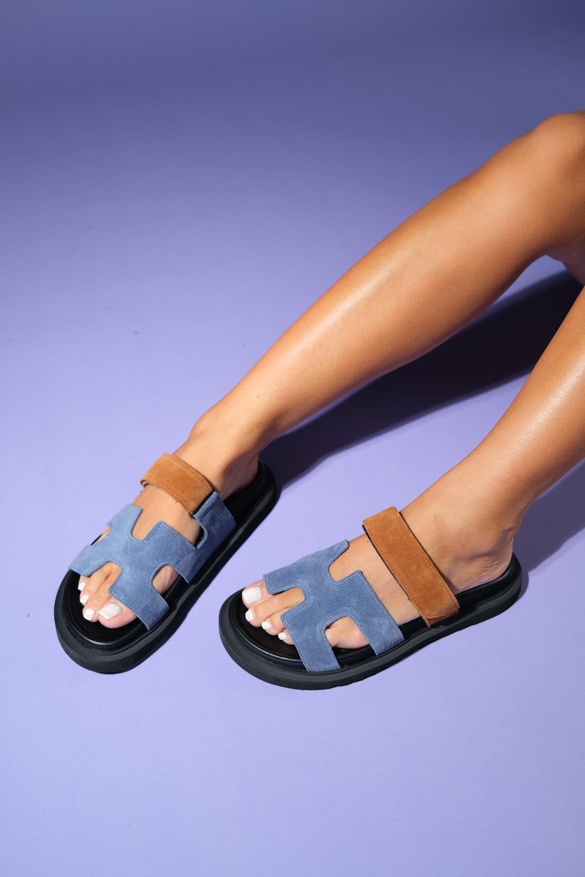 Morte - Blue Cognac Suede Leather Slide Sandal (Women)