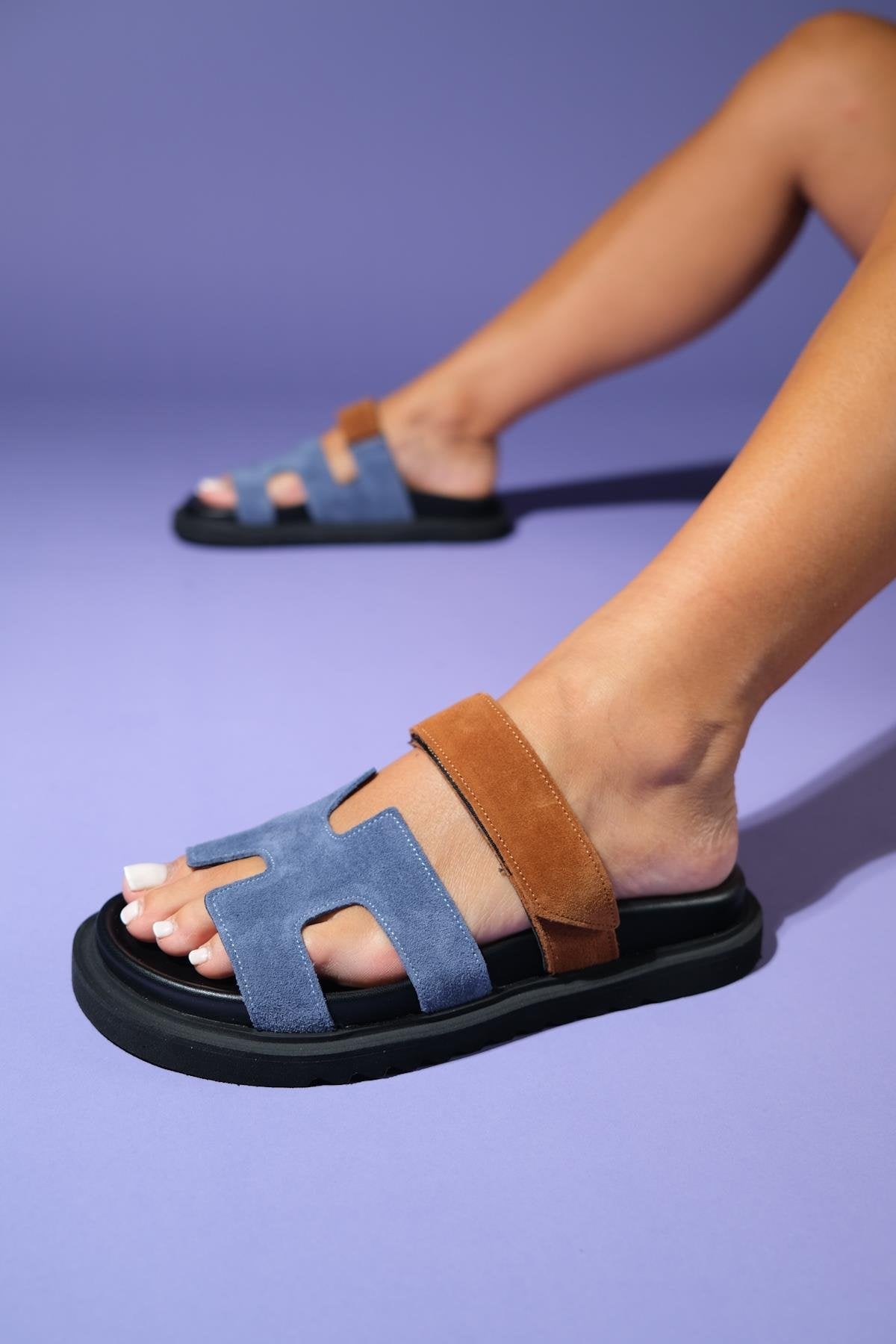 Morte - Blue Cognac Suede Leather Slide Sandal (Women)