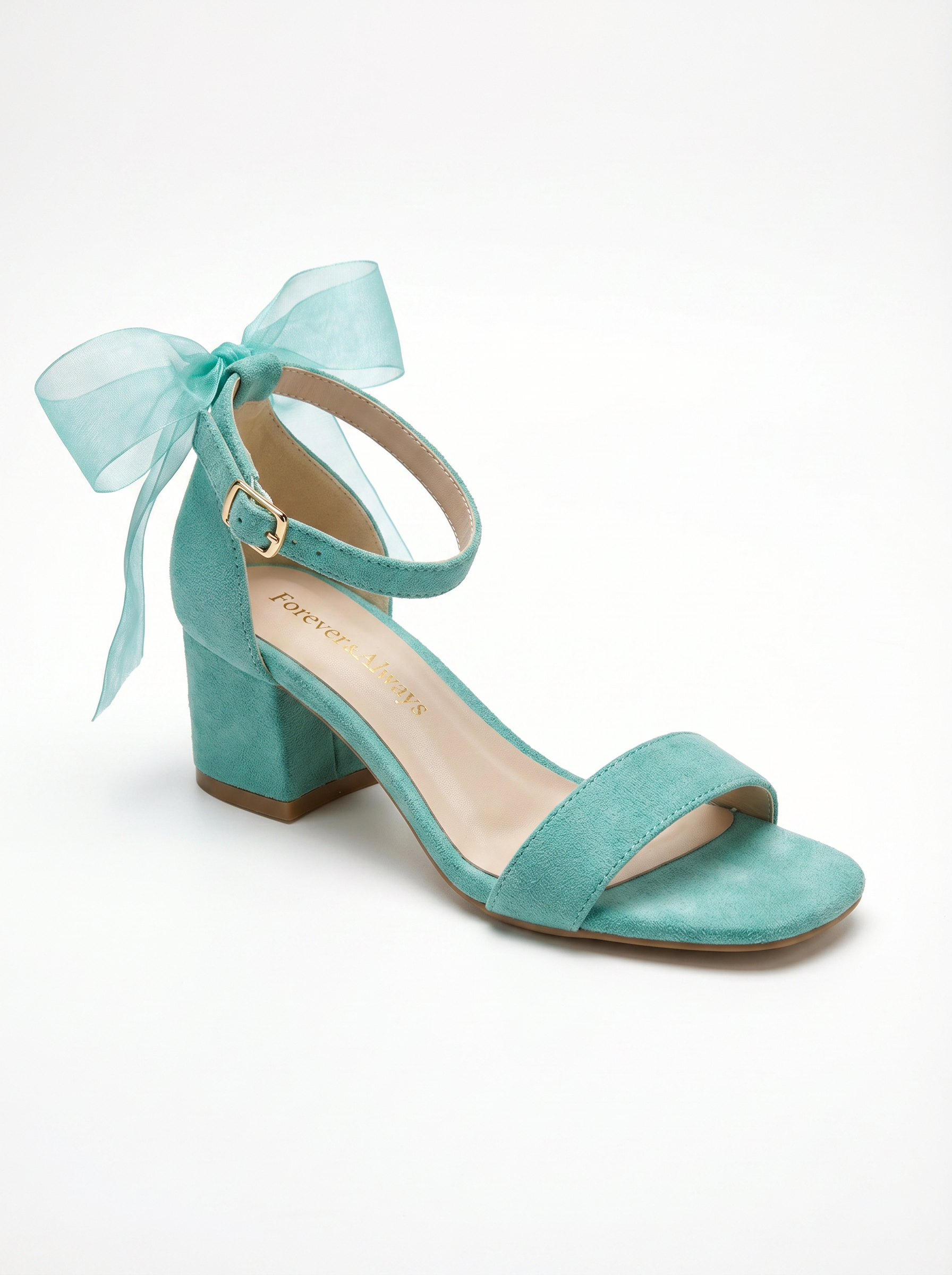 Rochelle Aqua Suede Organza Tulle Ribbon Ankle Strap Block Heel Sandal