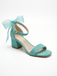 Rochelle Aqua Suede Organza Tulle Ribbon Ankle Strap Block Heel Sandal