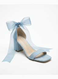 Rova Blue Suede Organza Ribbon Ankle Strap Block Heel Sandal