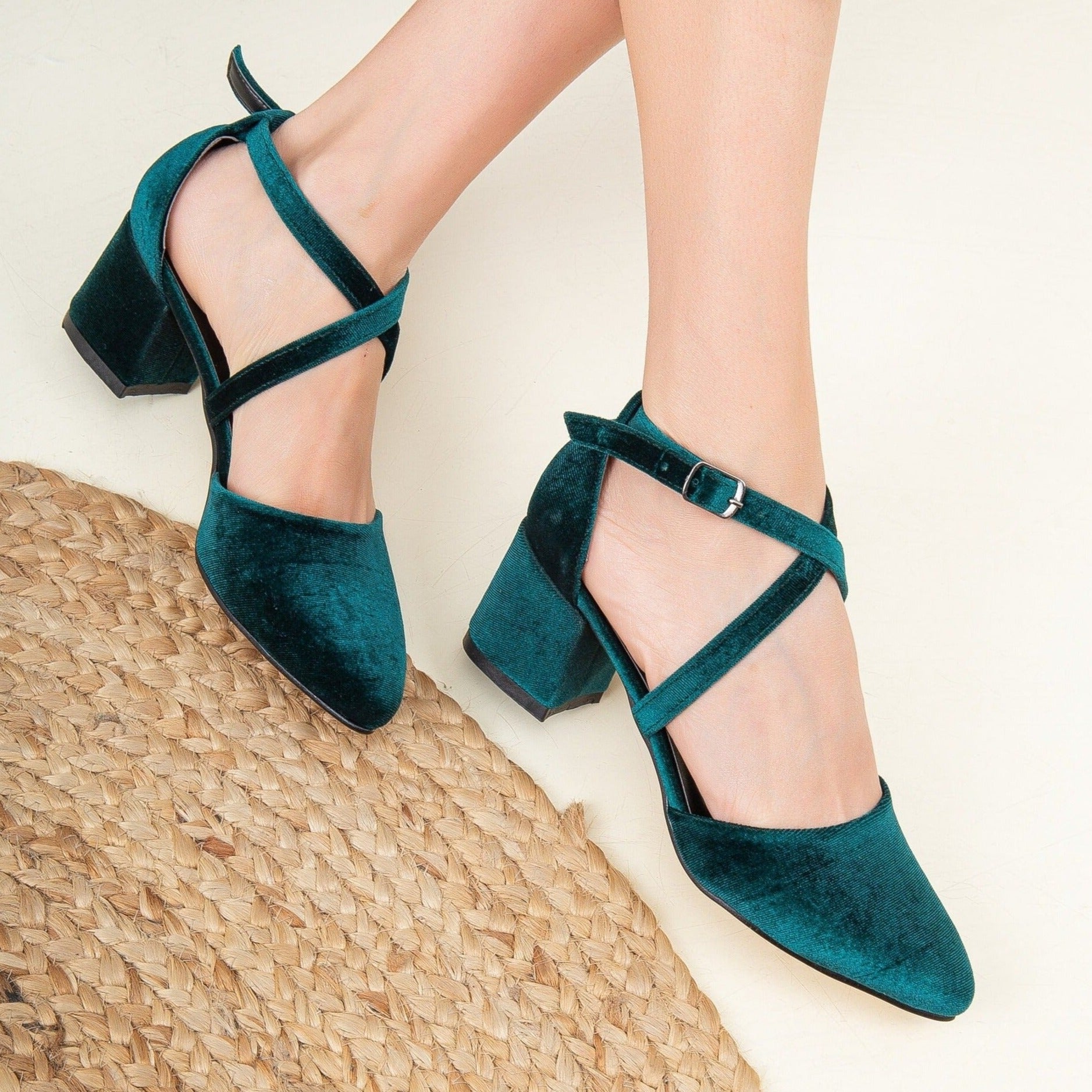 Green velvet kitten heels best sale