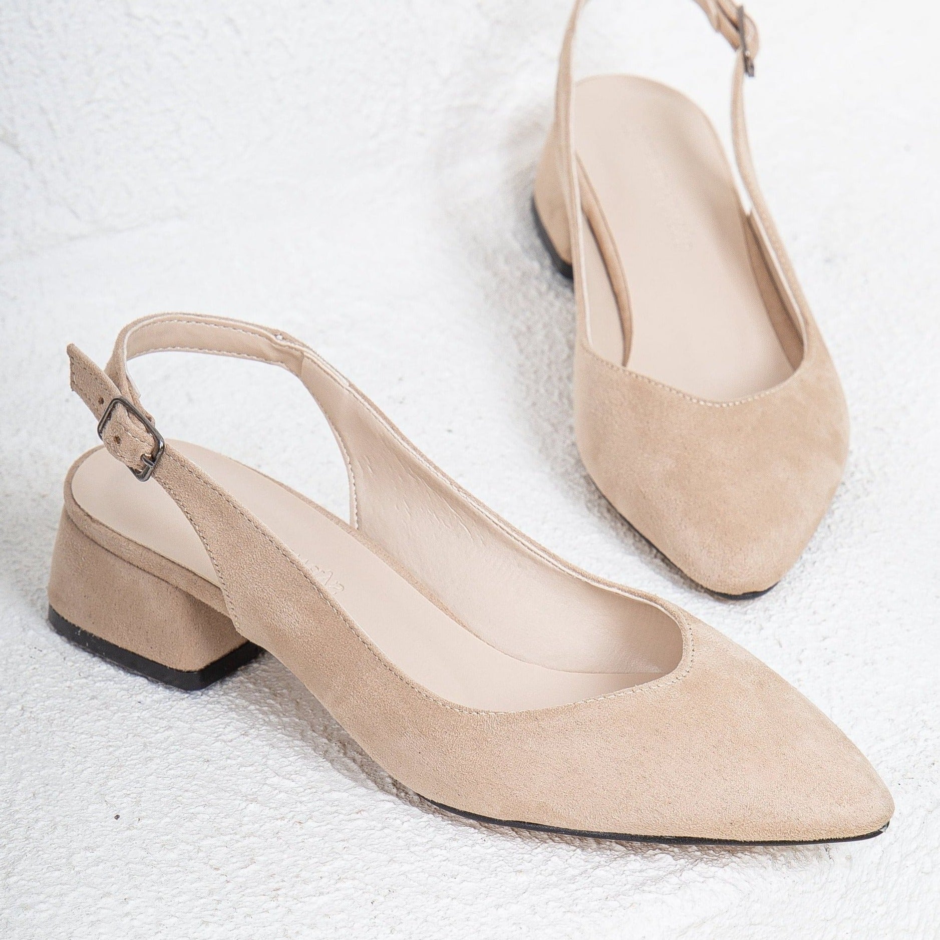 Beige Flats, Low Wedding Shoes, Beige Slingback Shoes, Beige Suede Low Heels